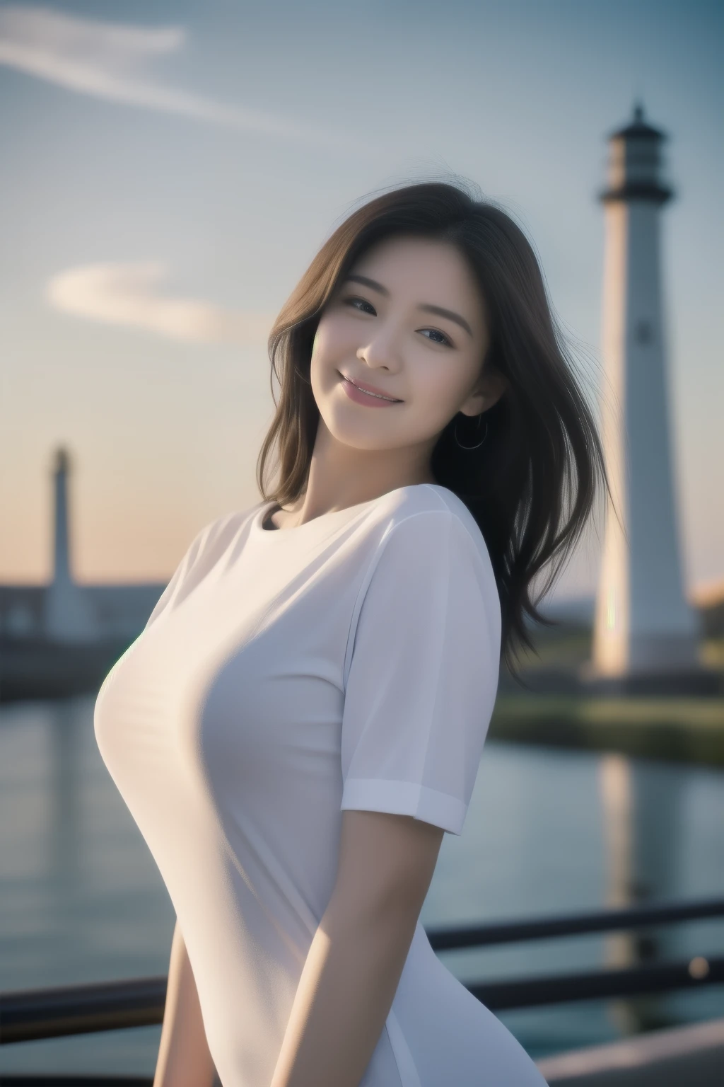 (A captivating beauty in a miniskirt)、(poses seductively)、(with a lighthouse as the backdrop)、(Big-breasted woman wearing a crop shirt) This enchanting image features a woman in a miniskirt who exudes confidence as she poses seductively against the backdrop of a towering lighthouse. The big-breasted beauty dons a crop shirt that leaves little to the imagination, accentuating her curvaceous figure. The lighthouse stands proudly in the background, casting an ethereal glow over the scene, while the woman's radiant smile captivates the viewer's attentio