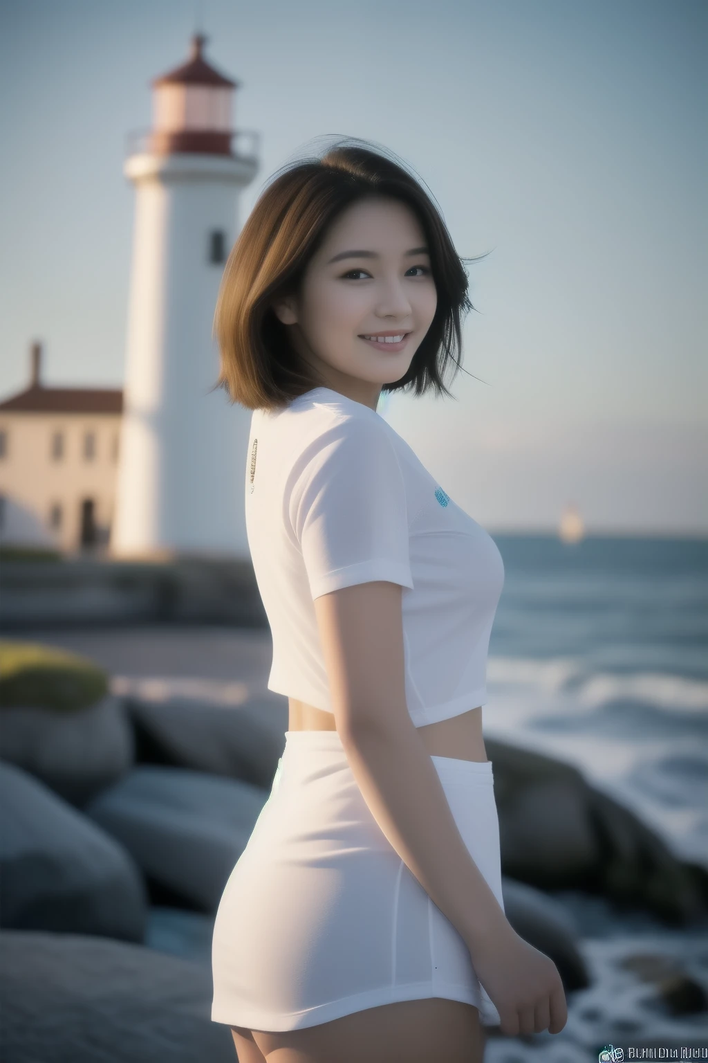 (A captivating beauty in a miniskirt)、(poses seductively)、(with a lighthouse as the backdrop)、(Big-breasted woman wearing a crop shirt) This enchanting image features a woman in a miniskirt who exudes confidence as she poses seductively against the backdrop of a towering lighthouse. The big-breasted beauty dons a crop shirt that leaves little to the imagination, accentuating her curvaceous figure. The lighthouse stands proudly in the background, casting an ethereal glow over the scene, while the woman's radiant smile captivates the viewer's attentio