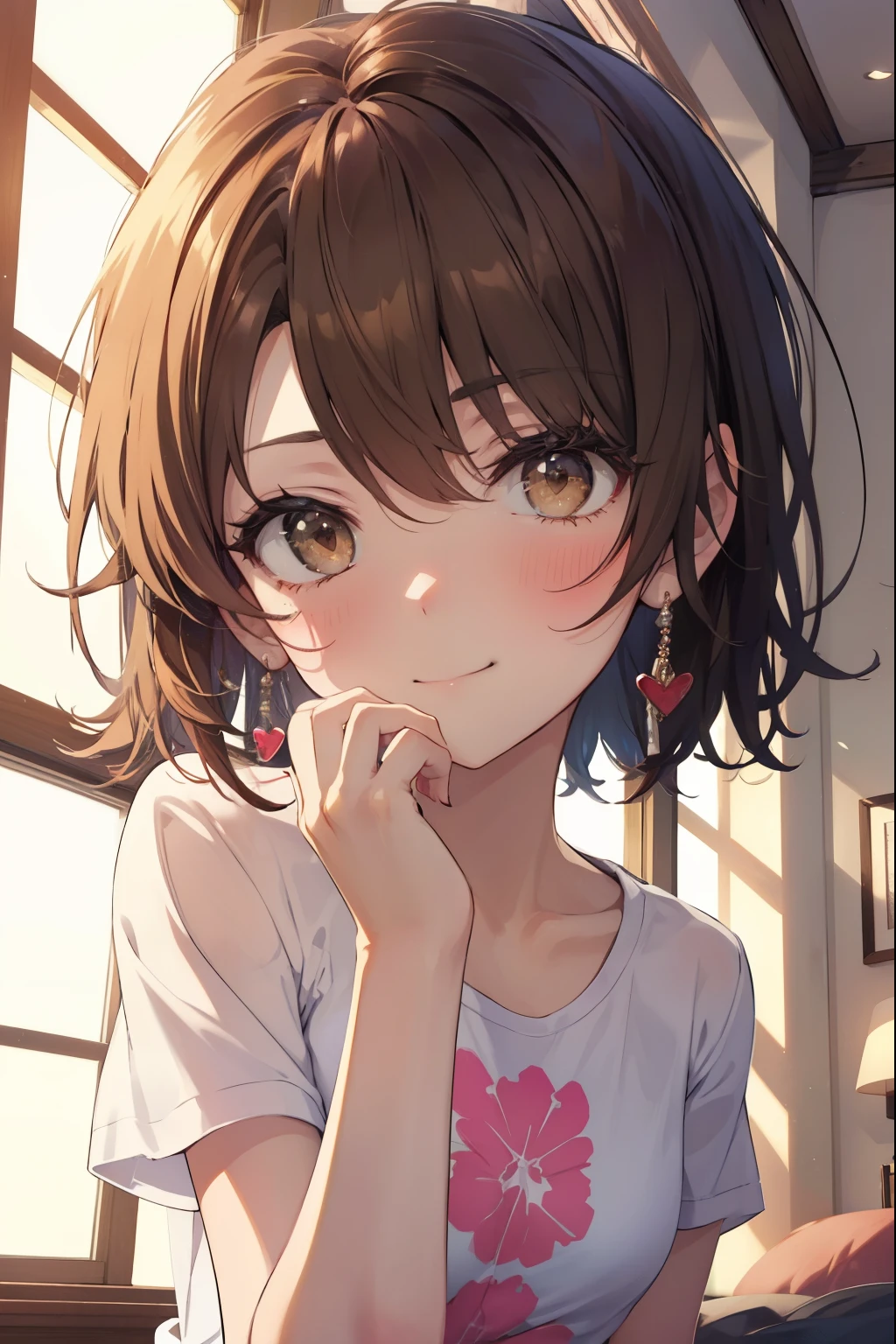 irohaisshiki, iroha isshiki, long hair, brown hair, (brown eyes:1.5), smile,looking at the viewer, heart-shaped eyes,  blush，show viewer, from below, concentrated, Beyond the particles of light, ラブホテルのBedroom, white t-shirt,black string underwear，Medium chest，crawl on all fours,morning日,morning,sunrise,
break indoors, Bedroom,
break looking at viewer,
break (masterpiece:1.2), highest quality, High resolution, unity 8k wallpaper, (figure:0.8), (detailed and beautiful eyes:1.6), highly detailed face, perfect lighting, Very detailed CG, (perfect hands, perfect anatomy),