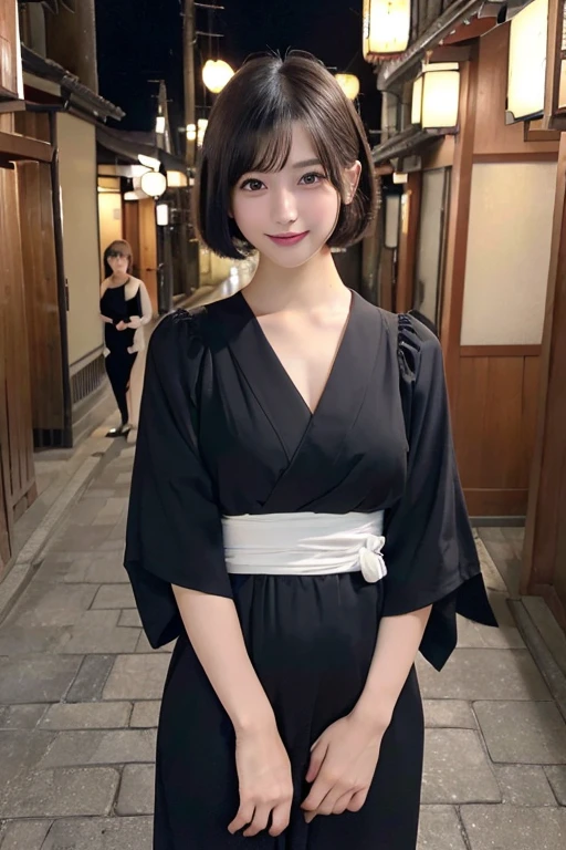 (surreal), (enlightenment), (High resolution), (8k), (very detailed), (The best enlightenmentns), (detailed and beautiful eyes), (highest quality), (super detailed), (masterpiece), (wallpaper), (detailed face), (Beautiful smile)、(beautiful expression)、(black haired)、(short bob cut hair)、 face turned to the side、black eye、solo、(((Beautiful girl with cute Japan)))、  ((Beautiful Japanese girl 20 years old))、、((baby face))、 (((slender body)))、 ((whole body被写体))、(whole bodyが映る)、  ((Open your legs wide while standing:8.5!!!!、 joy))、You can also see the legs、yukata、whole body