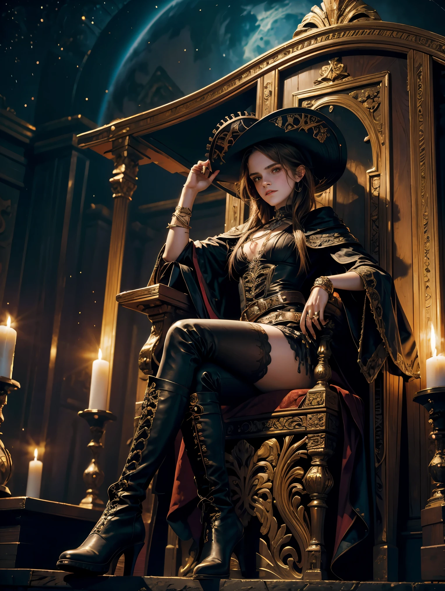 ((medieval world)), (beauitful face:2)、(A detailed face:1.3)、(A detailed eye)、(Detailed nose)、(Detailed lips)、(The witch's old black hat:1.8), (young beautiful witch in a dress:1.8), (Dressing:1.3)、(sitting in a magic chair:1.5)、(Her body is facing this way:1.2)、(with spreading legs:1.8)、(Showing white panties:1.8)、Beautiful Finger、(Unleash magic from your fingertips:1.3)、Shining majestic lightning storm cloud mass and sky, halo optical phenomenon, Anti-Sacred Light, Twilight, Sunset, Dusk, (Dramatic light), (A majestic sight), (Golden hair)、(magic circle necklace:1.5), altar, Old ruins infested with plants, The Great Temple of the Devil, great cathedral, The Devil's Grand Shrine, (A magic circle of ominous brilliance:1.6), crumbling ruins, ancient ruin, Faded, Cinematic, ((Neutral colors))、(Intricate details:1.1), Complex background
