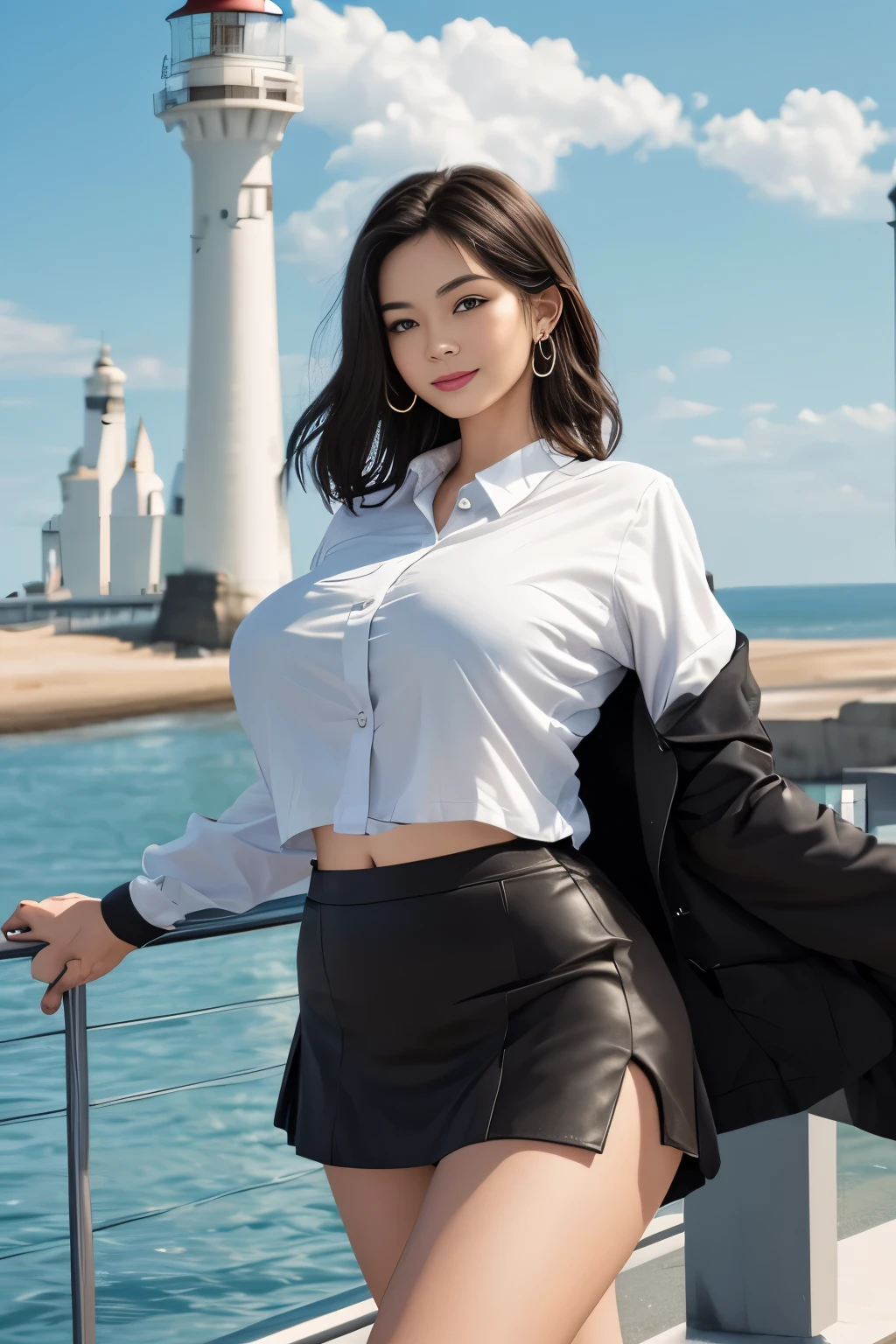 (A captivating beauty in a miniskirt)、(poses seductively)、(with a lighthouse as the backdrop)、(Big-breasted woman wearing a crop shirt)
This enchanting image features a woman in a miniskirt who exudes confidence as she poses seductively against the backdrop of a towering lighthouse. The big-breasted beauty dons a crop shirt that leaves little to the imagination, accentuating her curvaceous figure. The lighthouse stands proudly in the background, casting an ethereal glow over the scene, while the woman's radiant smile captivates the viewer's attention.