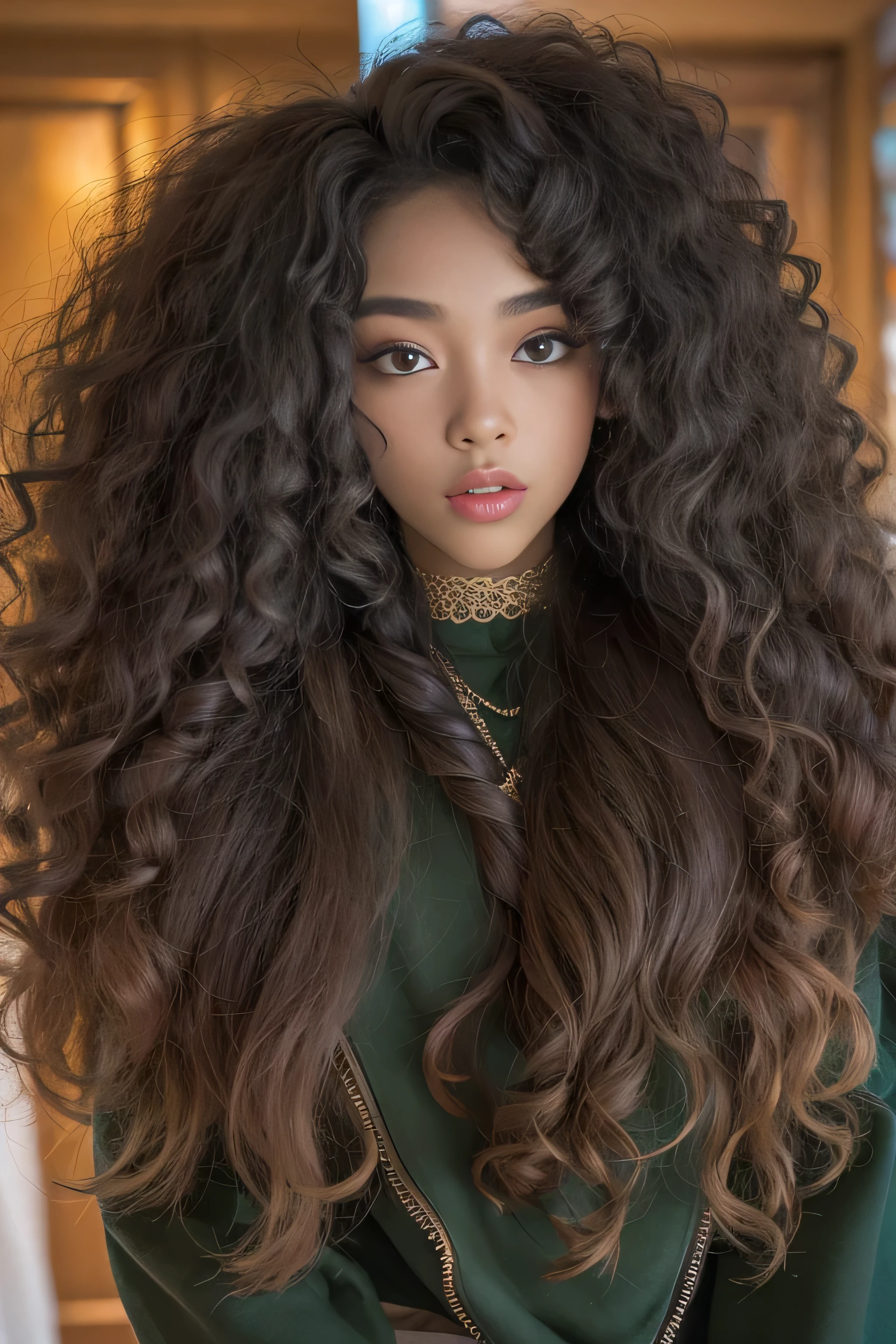 masterpiece, best quality, beautiful African and Asian mixed 19 year old, ebony skin female, long, frizzy, curly dark hair, perfect face, long hair, 