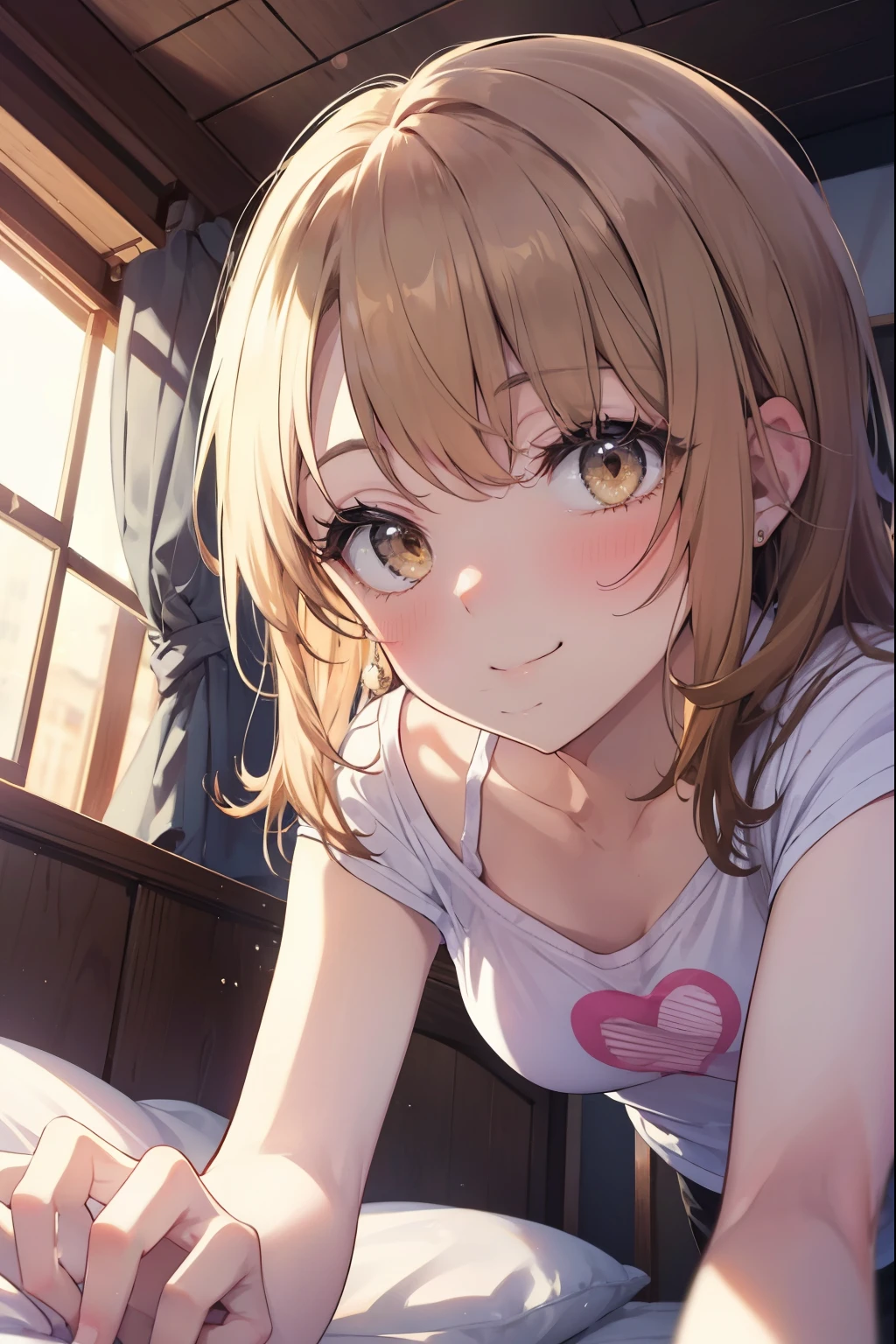 irohaisshiki, iroha isshiki, long hair, light brown hair, (brown eyes:1.5), smile,looking at the viewer, heart-shaped eyes,  blush，show viewer, from below, concentrated, Beyond the particles of light, ラブホテルのBedroom, white t-shirt,black string underwear，Medium chest，crawl on all fours,morning日,morning,sunrise,
break indoors, Bedroom,
break looking at viewer,
break (masterpiece:1.2), highest quality, High resolution, unity 8k wallpaper, (figure:0.8), (detailed and beautiful eyes:1.6), highly detailed face, perfect lighting, Very detailed CG, (perfect hands, perfect anatomy),