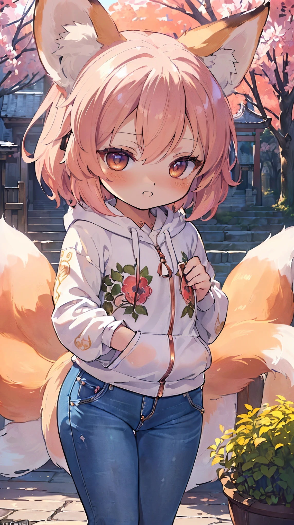 (((masterpiece))), (((highest quality))), ((ultra-detailed)), ((super fine illustration)), ((ultra-fine painting)), (16K highest quality wallpaper:1.4), (Chibi:2.0), (Full body:1.4), HDR, (Highly detailed and delicate illustration style:1.8), detailed skin texture, detailed cloth texture, extreme detailed description, (T-masterpiece), (Highly detailed face:1.2), (highly detailed fox ears:1.2), (highly detailed shiny medium short hair:1.2), (highly detailed beautiful eyes:1.2), (highly detailed nine tails:1.2), Original, RAW photo, Professional, intricate details, super details, direct light:1.6, (Perfect anatomy:1.4), (highly detailed hands:1.2), (highly detailed fingers:1.2), (highly detailed fingertips:1.2), (19-years-old), real, (solo:1.6), (A mysterious and sacred fox girl with nine tails and eyes who is an idol, messenger of the gods, and a shrine maiden:1.4) BRAKE (beautiful and adorable fox ears:1.6), (highly detailed and delicate fox ears:1.2), (beautiful and adorable fox nine tails:1.2), (highly detailed and delicate fox nine tails:1.2), (beautiful and well-shaped big breasts:1.2), (beautiful and well-shaped buttocks), (beautiful and shiny medium short hair:1.4), (highly detailed and delicate medium short hair:1.2), (beautiful clear eyes that shine with great detail:1.6), (highly detailed and delicate eyes:1.2), (Highly detailed face:1.4), (smile:1.3), (blush:1.2), (looking at viewer:1.4), (standing:1.4) BRAKE (Zip up hoodie:1.4), (Collared shirt:1.4), (Jeans:1.4) BRAKE (Highly detailed and beautiful streets of European capitals in the background just after noon in early spring:1.6), (Just after noon:1.4), Very detailed and delicate streets of European capitals:1.2 BRAKE