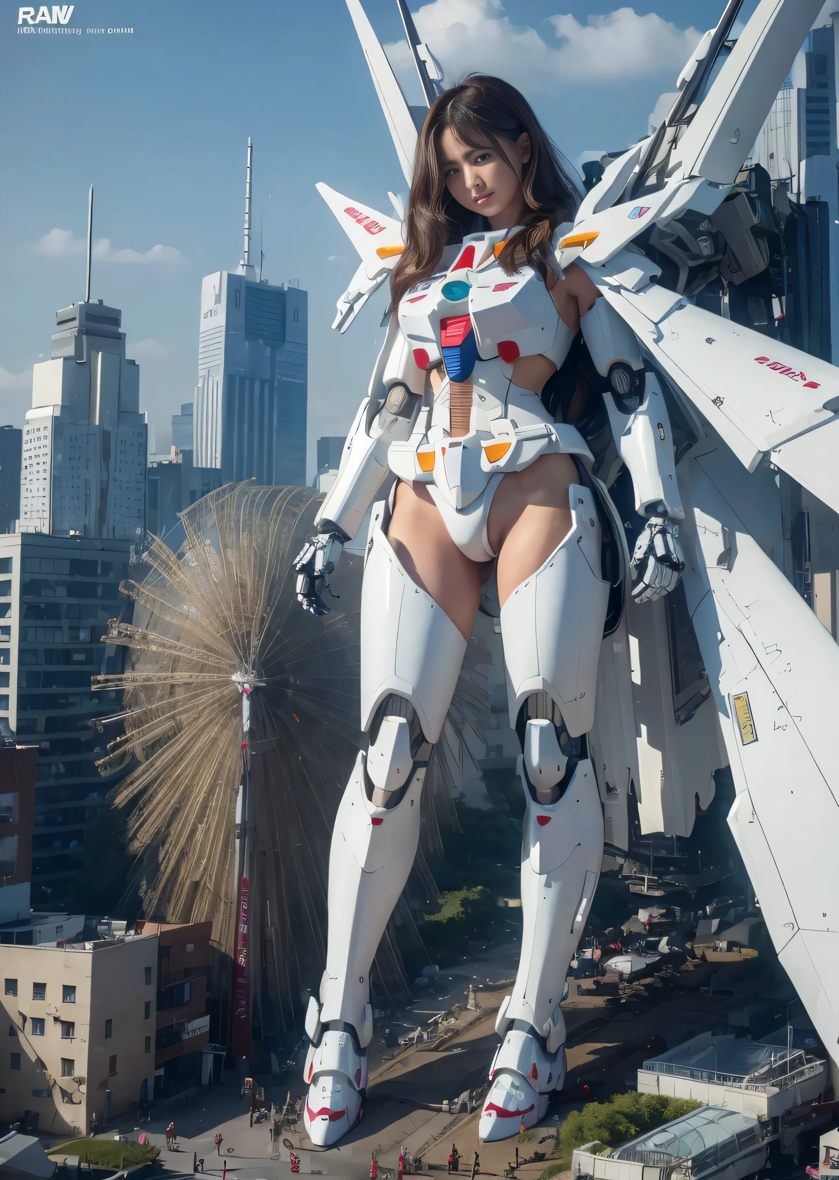 (((RAW image quality:1.4))), ((A giant mechanical woman much bigger than a skyscraper:1.4)), , beautiful顔, rough skin, Super detailed, advanced details, high quality, 最high quality, High resolution, 1080p, hard disk, beautiful,((White Gundam:1.4)),beautiful almost,He is wearing Gundam-like white parts.,mechanical joint, Machine arms and legs, Mechanical parts that protect the bust top, cleavage, mechanically protected groin, Excluding bust top and crotch, Raw skin is exposed., almost naked, perfect proportions, (Brown hair fluttering in the wind), beautiful青い目, full body shot, very small metropolis。Squat in a miniature metropolis just a few feet tall, stomping city,crash city,small town,micro city, small cars and trains, Configuration from above, deep blue sky, Metal pants that dig into the crotch,