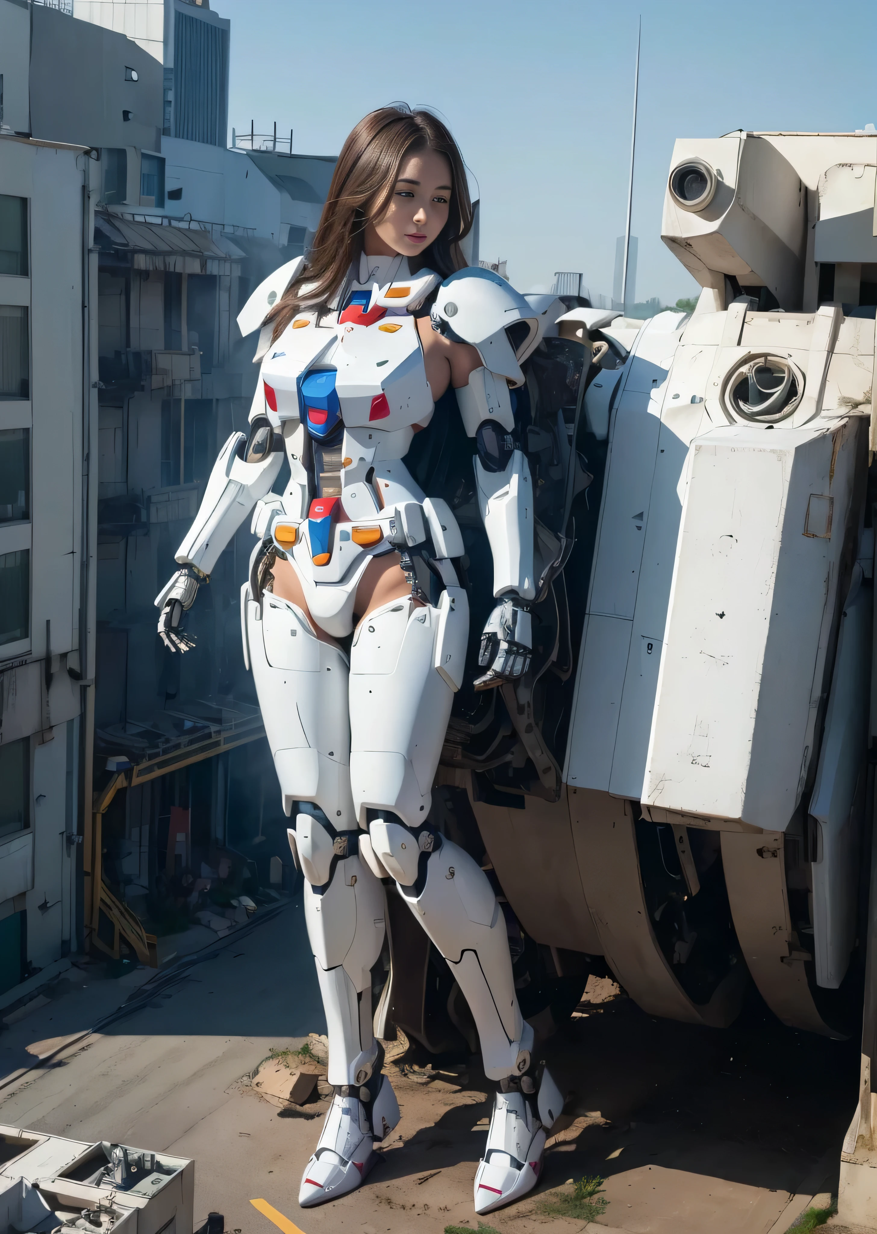 (((RAW image quality:1.4))), ((A giant mechanical woman much bigger than a skyscraper:1.4)), , beautiful顔, rough skin, Super detailed, advanced details, high quality, 最high quality, High resolution, 1080p, hard disk, beautiful,((White Gundam:1.4)),beautiful almost,He is wearing Gundam-like white parts.,mechanical joint, Machine arms and legs, Mechanical parts that protect the bust top, cleavage, mechanically protected groin, Excluding bust top and crotch, Raw skin is exposed., almost naked, perfect proportions, (Brown hair fluttering in the wind), beautiful青い目, full body shot, very small metropolis。Squat in a miniature metropolis just a few feet tall, stomping city,crash city,small town,micro city, small cars and trains, Configuration from above, deep blue sky, Metal pants that dig into the crotch,