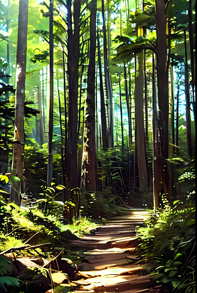 There is a dirt path in the middle of the forest, virgin forest, in serene forest setting, forest road, forest environment, forest setting, dense forest, on forest road, deep in the forest, deep in the forest, forest environment, forest road, Road through dense forest, in a dense forest, forested, deforestation, in a beautiful forest,anime style