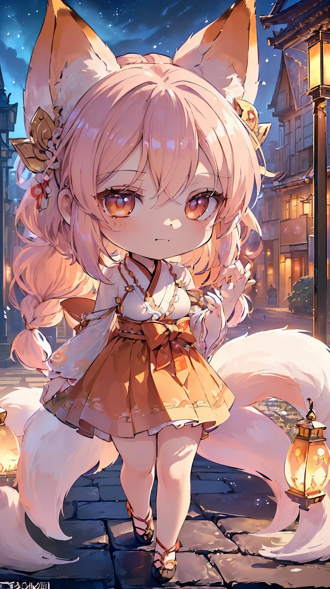 (((Masterpiece))), (((Highest quality))), ((Ultra-detailed)), ((Super fine illustration)), ((Ultra-fine painting)), (16K highest quality wallpaper:1.4), (Chibi:2.0), (Full body:1.6), HDR, (Highly detailed and delicate illustration style:1.8), Detailed skin texture, Detailed cloth texture, Extreme detailed description, (T-masterpiece), (Highly detailed face:1.2), (Highly detailed fox ears:1.2), (Highly detailed shiny braid:1.2), (Highly detailed beautiful eyes:1.2), (Highly detailed nine tails:1.2), Original, RAW photo, Professional, Intricate details, Super details, Direct light:1.6, (Perfect anatomy:1.4), (Highly detailed hands:1.2), (Highly detailed fingers:1.2), (Highly detailed fingertips:1.2), (23-years-old), Real, (Solo:1.6), (A beautiful and attractive fox girl with nine tails and eyes who is an idol, messenger of the gods, and a shrine maiden:1.4) BRAKE (Beautiful and adorable fox ears:1.6), (Highly detailed and delicate fox ears:1.4), (Beautiful and adorable fox nine tails:1.6), (Highly detailed and delicate fox nine tails:1.2), (Beautiful and well-shaped big breasts:1.2), (Beautiful and well-shaped buttocks), (Beautiful and shiny braid:1.6), (Highly detailed and delicate braid:1.2), (Beautiful clear eyes that shine with great detail:1.6), (Highly detailed and delicate eyes:1.2), (Highly detailed face:1.4), (Smile:1.3), (Blush:1.2), (Looking at viewer:1.4), (Standing:1.4) BRAKE (Puffer jacket:1.4), (Casual dress:1.4) BRAKE (concept art:1.2), (detailed fantasy art:1.2) BRAKE ((Highly detailed and delicate night view of the streets of European capitals in spring background:1.6), Highly detailed night view of the streets of a European capital in spring:1.2, Highly detailed and delicate moon and starry sky background:1.4) BRAKE 