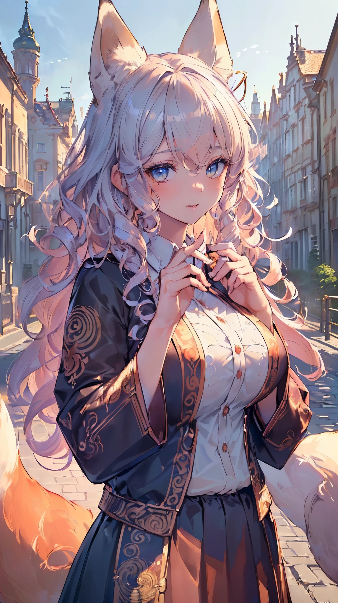 (((masterpiece))), (((highest quality))), ((ultra-detailed)), ((super fine illustration)), ((ultra-fine painting)), (16K highest quality wallpaper:1.4), (upper body:1.6), HDR, (Highly detailed and delicate illustration style:1.8), detailed skin texture, detailed cloth texture, extreme detailed description, (T-masterpiece), (Highly detailed face:1.2), (highly detailed fox ears:1.2), (highly detailed shiny curly hair:1.2), (highly detailed beautiful eyes:1.2), (highly detailed nine tails:1.2), Original, RAW photo, Professional, intricate details, super details, direct light:1.6, (Perfect anatomy:1.4), (highly detailed hands:1.2), (highly detailed fingers:1.2), (highly detailed fingertips:1.2), (23-years-old), real, (solo:1.6), (A mysterious and sacred fox women with nine tails and eyes who is an idol, messenger of the gods, and a shrine maiden:1.4) BRAKE (beautiful and adorable fox ears:1.6), (highly detailed and delicate fox ears:1.2), (beautiful and adorable fox nine tails:1.2), (highly detailed and delicate fox nine tails:1.2), (beautiful and well-shaped big breasts:1.2), (beautiful and well-shaped buttocks), (beautiful and shiny curly hair:1.6), (highly detailed and delicate curly hair:1.6), (beautiful clear blue eyes that shine with great detail:1.6), (highly detailed and delicate blue eyes:1.2), (Highly detailed face:1.4), (smile:1.3), (blush:1.2), (looking at viewer:1.4) BRAKE ((Bright dark brown jacket:1.5), (Collared shirt:1.4), (Tiered skirt:1.4)) BRAKE ((Highly detailed and beautiful streets of European capitals in the background just after noon in spring:1.6), (Just after noon:1.4), Very detailed and delicate streets of European capitals:1.2) BRAKE