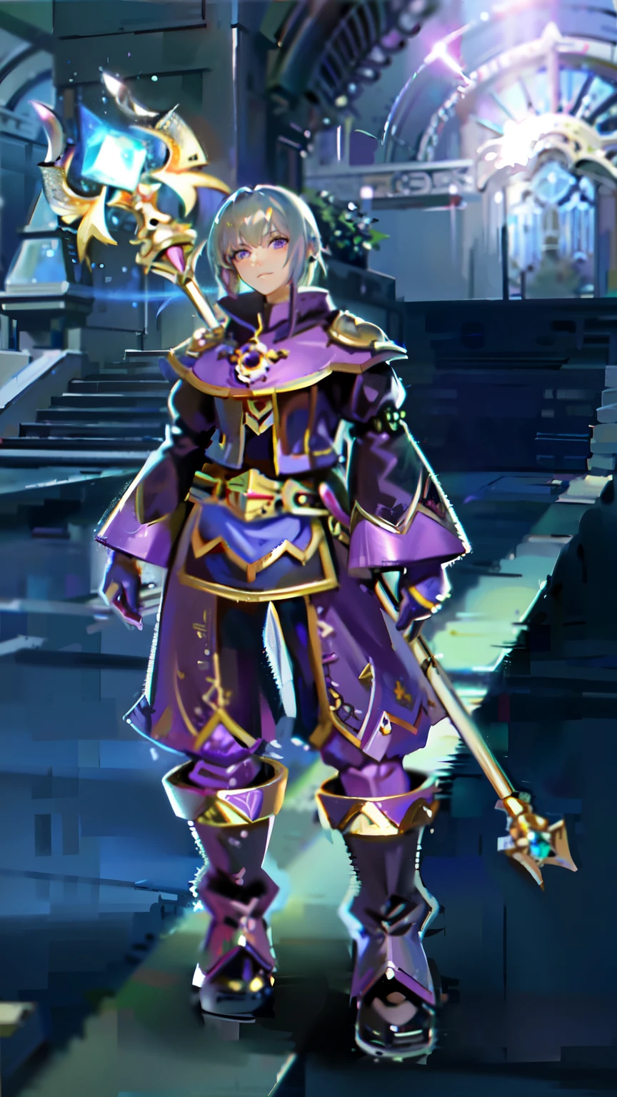a close up of a person in a purple outfit holding a rod, dark purple robes, sleek purple armor, young shadow mage female, wearing dark purple armor, purple armor, fantasy outfit, ornate attire, cloud white haired mage robes, skinny white haired female mage, fantasy robe, full body purple cloak, female white haired mage, black and violet costume, dark purple robes, ffxi
