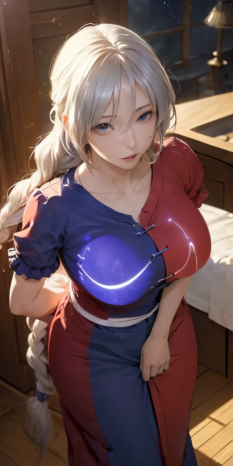 (masterpiece, best quality:1.3), (from above:1.3), Yagokoro Eirin, Touhou Series, perfect face, expressive eyes, 1woman, looking at viewer, 38 years old, gorgeous body, big breast, beautiful, anime, lora,1woman, silver hair, braid hair, nurse cap, red and blue clothes, long skirt, (cinematic lighting, realistic, dream-like, enchanting atmosphere:1.5),