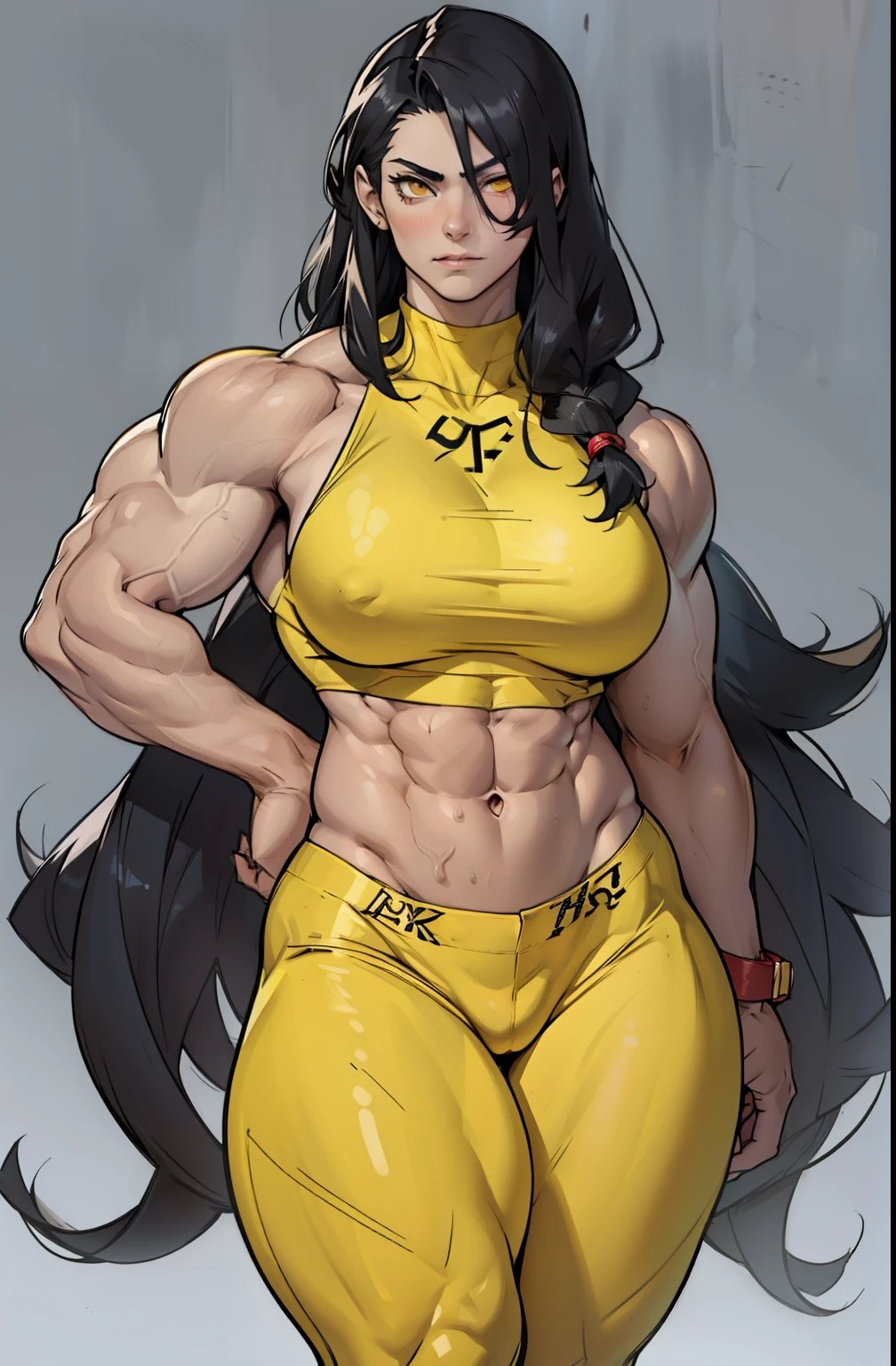 (((((((1 girl))))))), black hair, yellow eyes, very long hair, ((((((muscular)))))), tall, pale skin, (solo), (seductive expression), tight clothes, (huge feminine breasts)