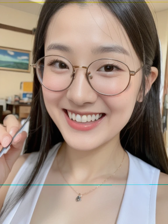 (realistic、masterpiece、Best Quality、8K、highres、high resolution:1.3)、1 glasses girl、Huge breasts、smile、white bikini、straight white teeth、looking at viewers、super fine face and eyes、long hair、indoor、 upper body、