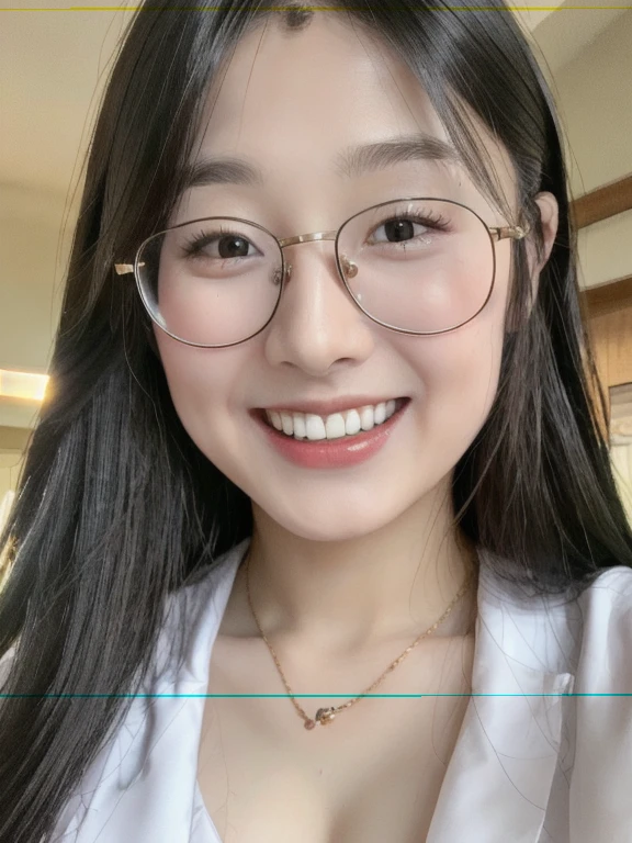 (realistic、masterpiece、Best Quality、8K、highres、high resolution:1.3)、1 glasses girl、Huge breasts、smile、white bikini、straight white teeth、looking at viewers、super fine face and eyes、long hair、indoor、 upper body、