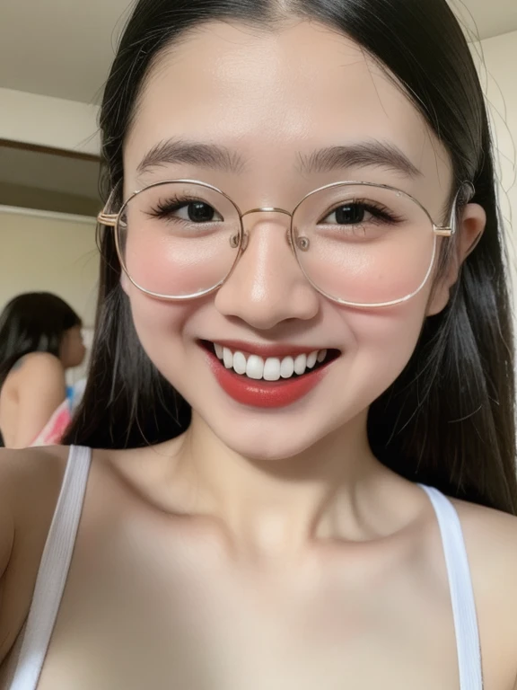 (realistic、masterpiece、Best Quality、8K、highres、high resolution:1.3)、1 glasses girl、Huge breasts、smile、white bikini、straight white teeth、looking at viewers、super fine face and eyes、long hair、indoor、 upper body、