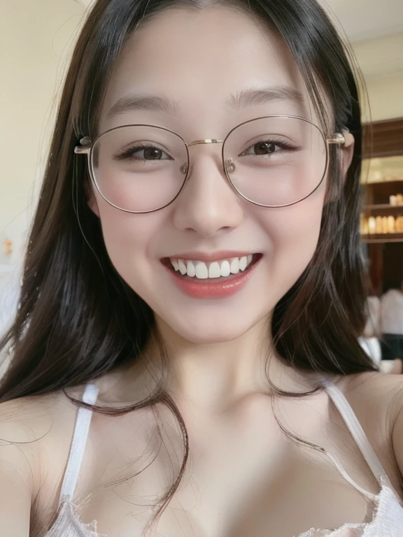 (realistic、masterpiece、Best Quality、8K、highres、high resolution:1.3)、1 glasses girl、Huge breasts、smile、white bikini、straight white teeth、looking at viewers、super fine face and eyes、long hair、indoor、 upper body、