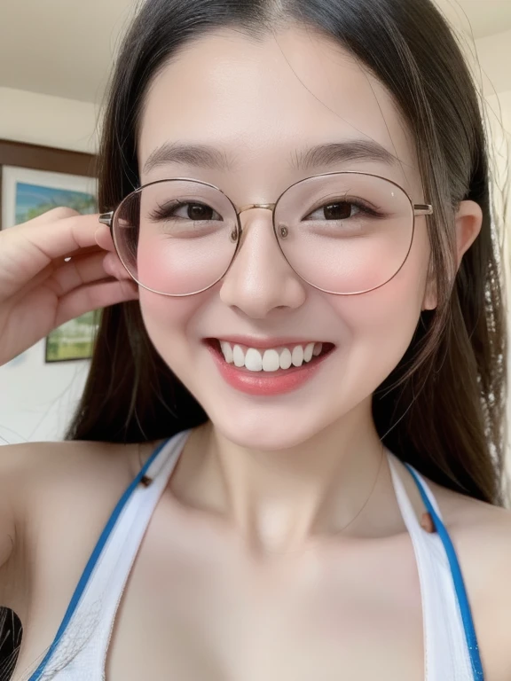 (realistic、masterpiece、Best Quality、8K、highres、high resolution:1.3)、1 glasses girl、Huge breasts、smile、white bikini、straight white teeth、looking at viewers、super fine face and eyes、long hair、indoor、 upper body、
