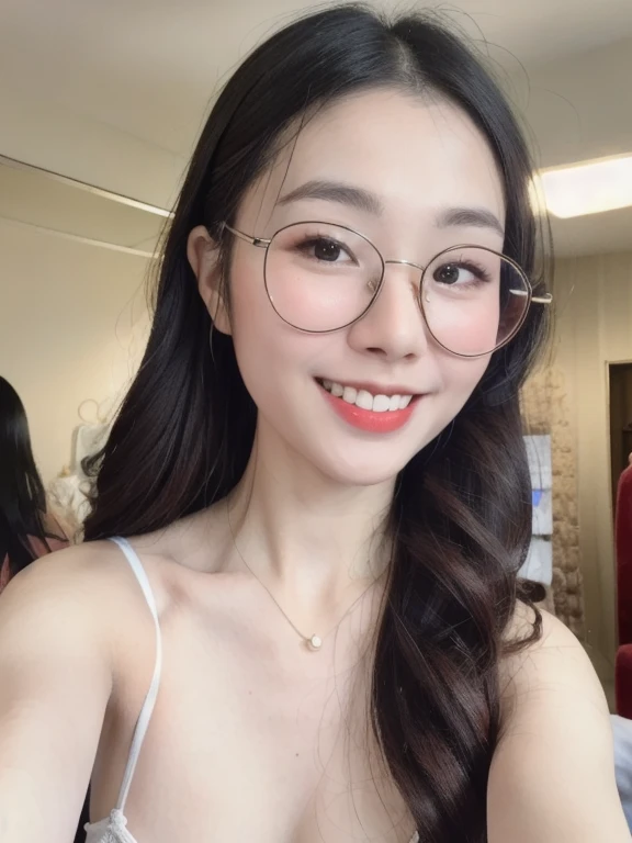 (realistic、masterpiece、Best Quality、8K、highres、high resolution:1.3)、1 glasses girl、Huge breasts、smile、white bikini、straight white teeth、looking at viewers、super fine face and eyes、long hair、indoor、 upper body、