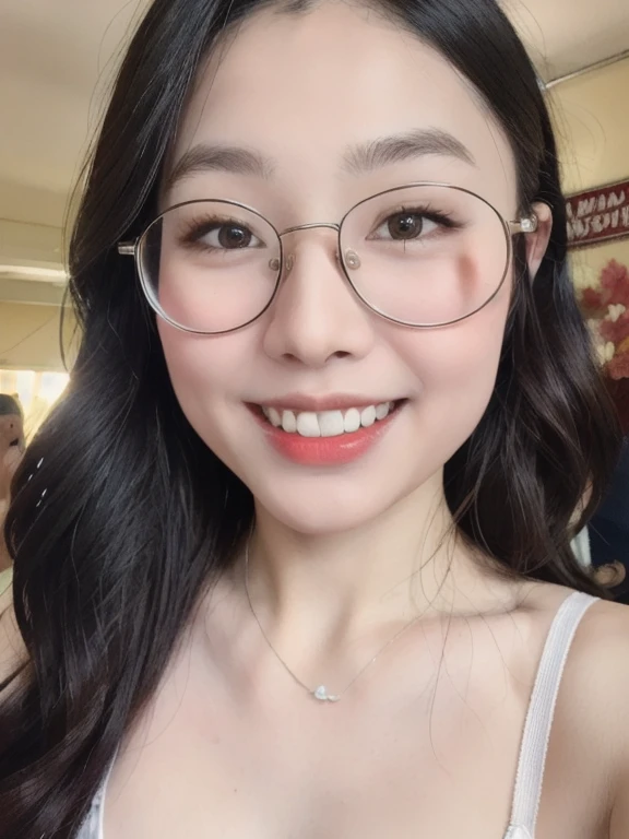 (realistic、masterpiece、Best Quality、8K、highres、high resolution:1.3)、1 glasses girl、Huge breasts、smile、white bikini、straight white teeth、looking at viewers、super fine face and eyes、long hair、indoor、 upper body、