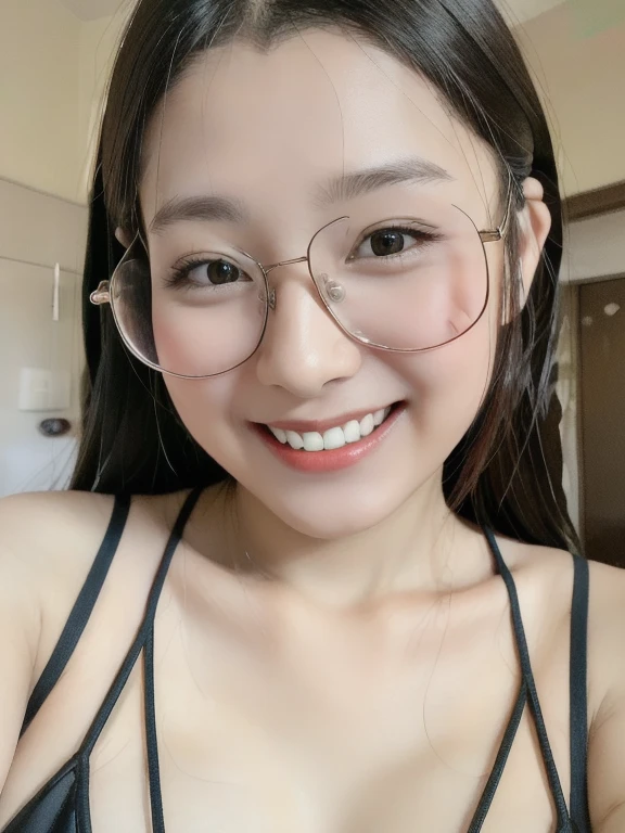 (realistic、masterpiece、Best Quality、8K、highres、high resolution:1.3)、1 glasses girl、Huge breasts、smile、white bikini、straight white teeth、looking at viewers、super fine face and eyes、long hair、indoor、 upper body、