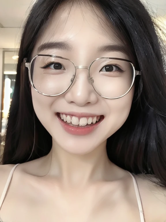 (realistic、masterpiece、Best Quality、8K、highres、high resolution:1.3)、1 glasses girl、Huge breasts、smile、white bikini、straight white teeth、looking at viewers、super fine face and eyes、long hair、indoor、 upper body、