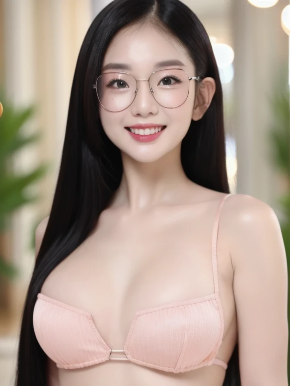 (realistic、masterpiece、Best Quality、8K、highres、high resolution:1.3)、1 glasses girl、Huge breasts、smile、white bikini、straight white teeth、looking at viewers、super fine face and eyes、long hair、indoor、 upper body、