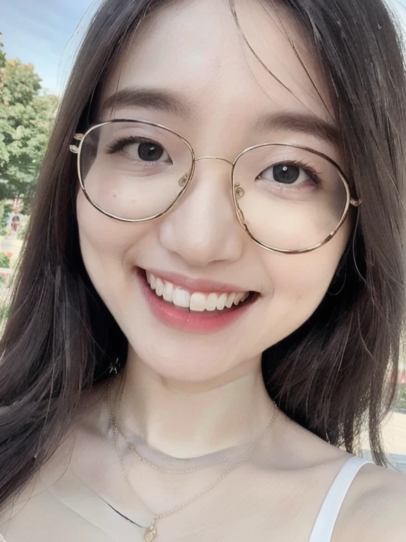(realistic、masterpiece、Best Quality、8K、highres、high resolution:1.3)、1 glasses girl、Huge breasts、smile、white bikini、straight white teeth、looking at viewers、super fine face and eyes、long hair、indoor、 upper body、