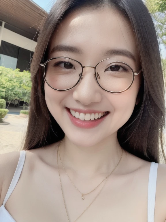 (realistic、masterpiece、Best Quality、8K、highres、high resolution:1.3)、1 glasses girl、Huge breasts、smile、white bikini、straight white teeth、looking at viewers、super fine face and eyes、long hair、indoor、 upper body、