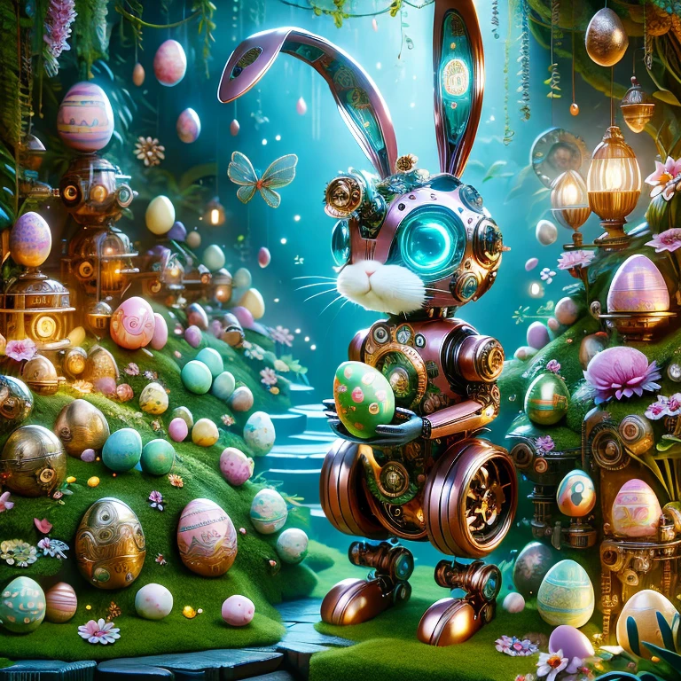 (masterpiece, best quality:1.2), Easter style, A cute mechanical bunny dressed in Easter style, made of exquisite copper and silver parts with eyes like glowing gems, stands in a fantasy garden filled with steampunk Easter elements. The bunny holds an Easter egg and is surrounded by exotic plants and Easter eggs. The body of the bunny glows transparently under neon lights, showcasing the high precision of its mechanical parts. The scene combines elements of whimsy, technology, and tradition, creating a unique and imaginative setting for Easter.