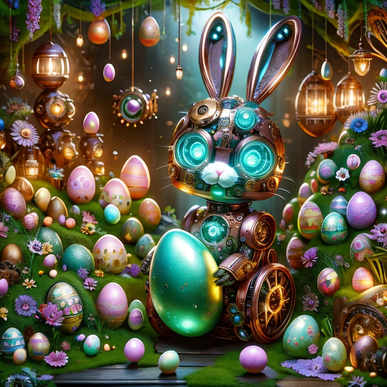 (masterpiece, best quality:1.2), Easter style, A cute mechanical bunny dressed in Easter style, made of exquisite copper and silver parts with eyes like glowing gems, stands in a fantasy garden filled with steampunk Easter elements. The bunny holds an Easter egg and is surrounded by exotic plants and Easter eggs. The body of the bunny glows transparently under neon lights, showcasing the high precision of its mechanical parts. The scene combines elements of whimsy, technology, and tradition, creating a unique and imaginative setting for Easter.