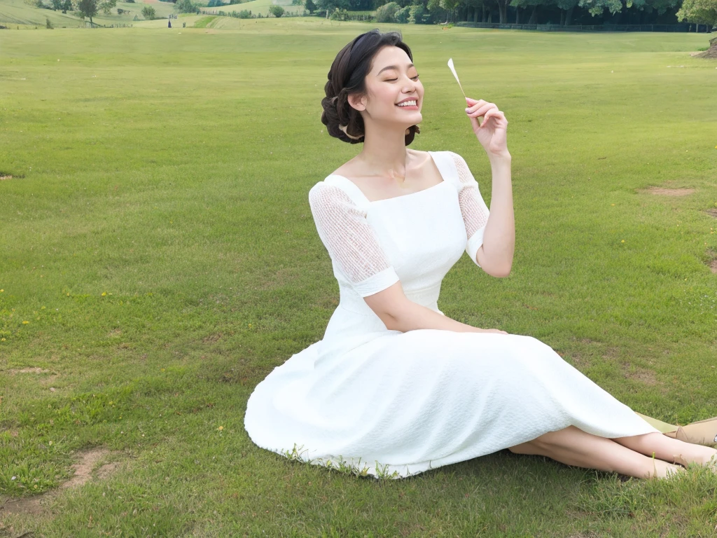(masterpiece, best quality:1.2), 1girl, solo, dress, closed eyes, black hair, white dress, field, realistic,
