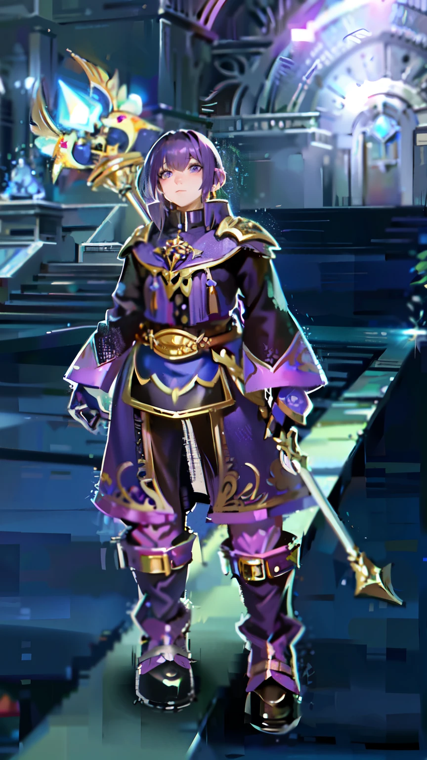 a close up of a person in a purple outfit holding a rod, dark purple robes, sleek purple armor, young shadow mage female, wearing dark purple armor, purple armor, fantasy outfit, ornate attire, cloud purple haired mage robes, skinny purple haired female mage, fantasy robe, full body purple cloak, female purple haired mage, black and violet costume, dark purple robes, ffxi
