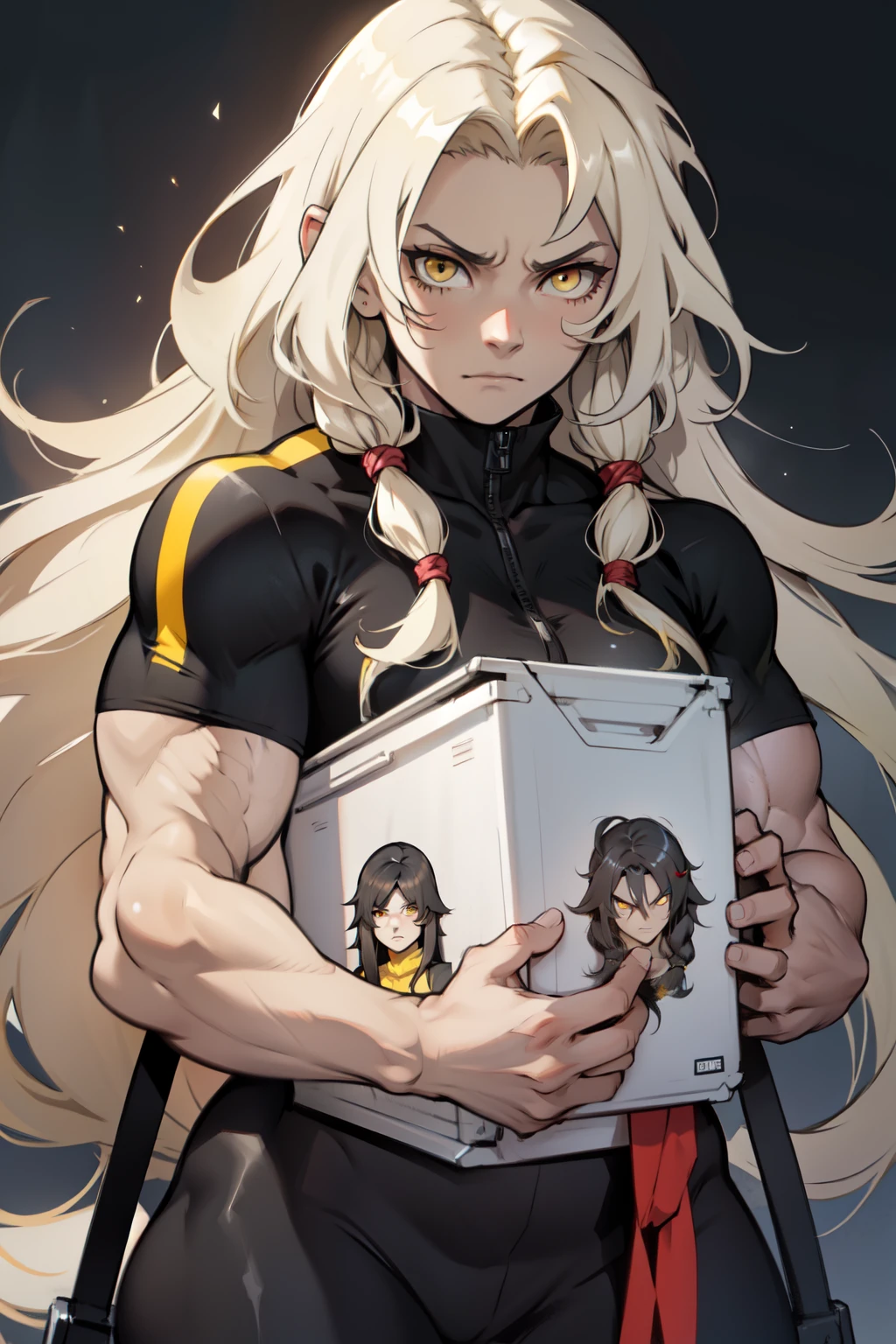 extremely long hair messy hair wavy hair black hair yellow eyes pale skin upset muscular girl muscular girl muscular girl best quality best quality best quality female