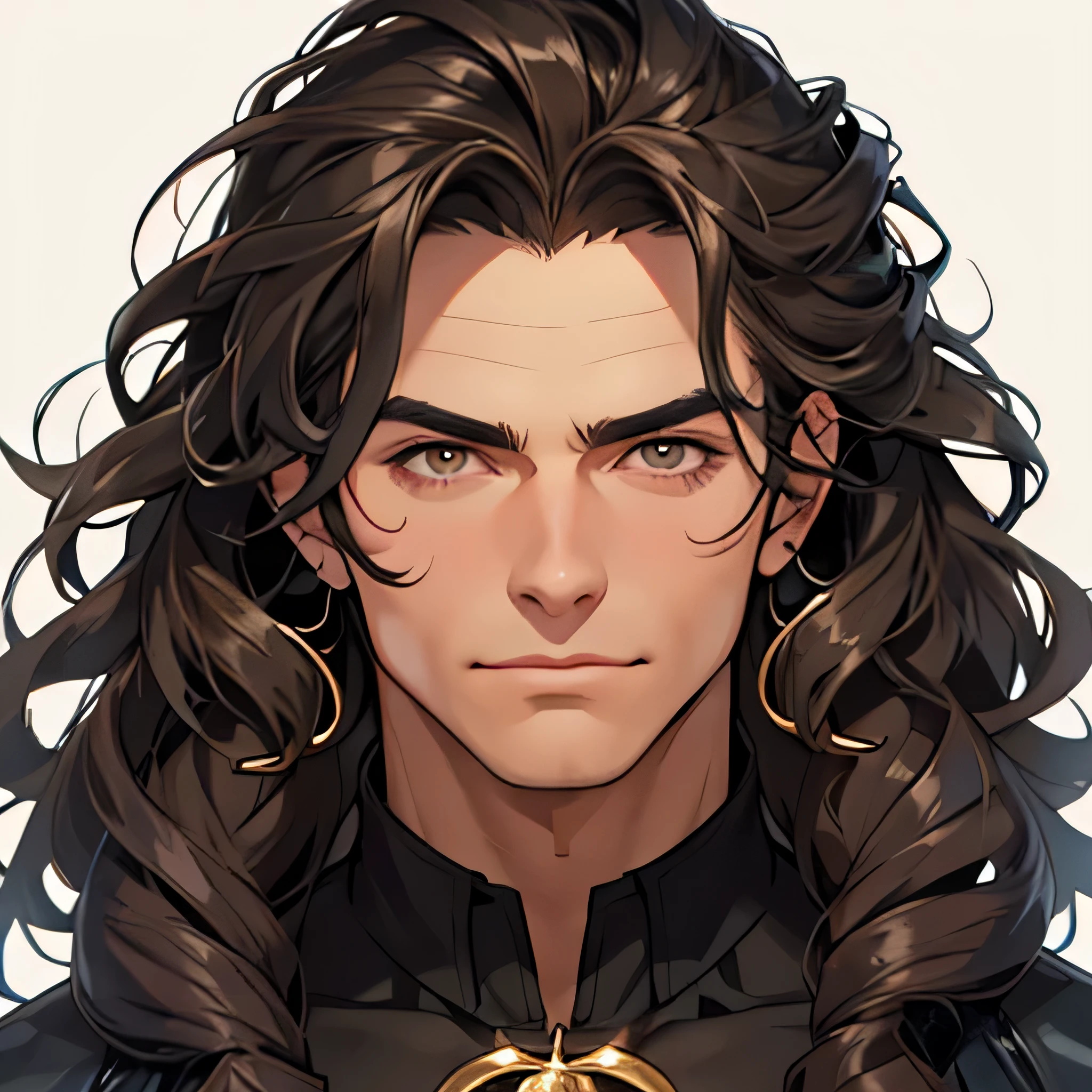 Handsome male. My hair is dark and very wavy curls with face-framing strands of curls on both left and right side of face, middle parted, with streaks of silver throughout. I have a strong jawline, high cheekbones, groomed stubble and bright and peaceful brown eyes. I'm tall and lean, with broad shoulders and a muscular physique. When I smile, a cute dimple appears on my left cheek. I often dress in black, but I'm not afraid to mix it up with bold colors every now and then. I carry myself with a sense of confidence, always knowing just how to make an impact. Brown hair. Long hair. head directly facing camera. plain purple background.
