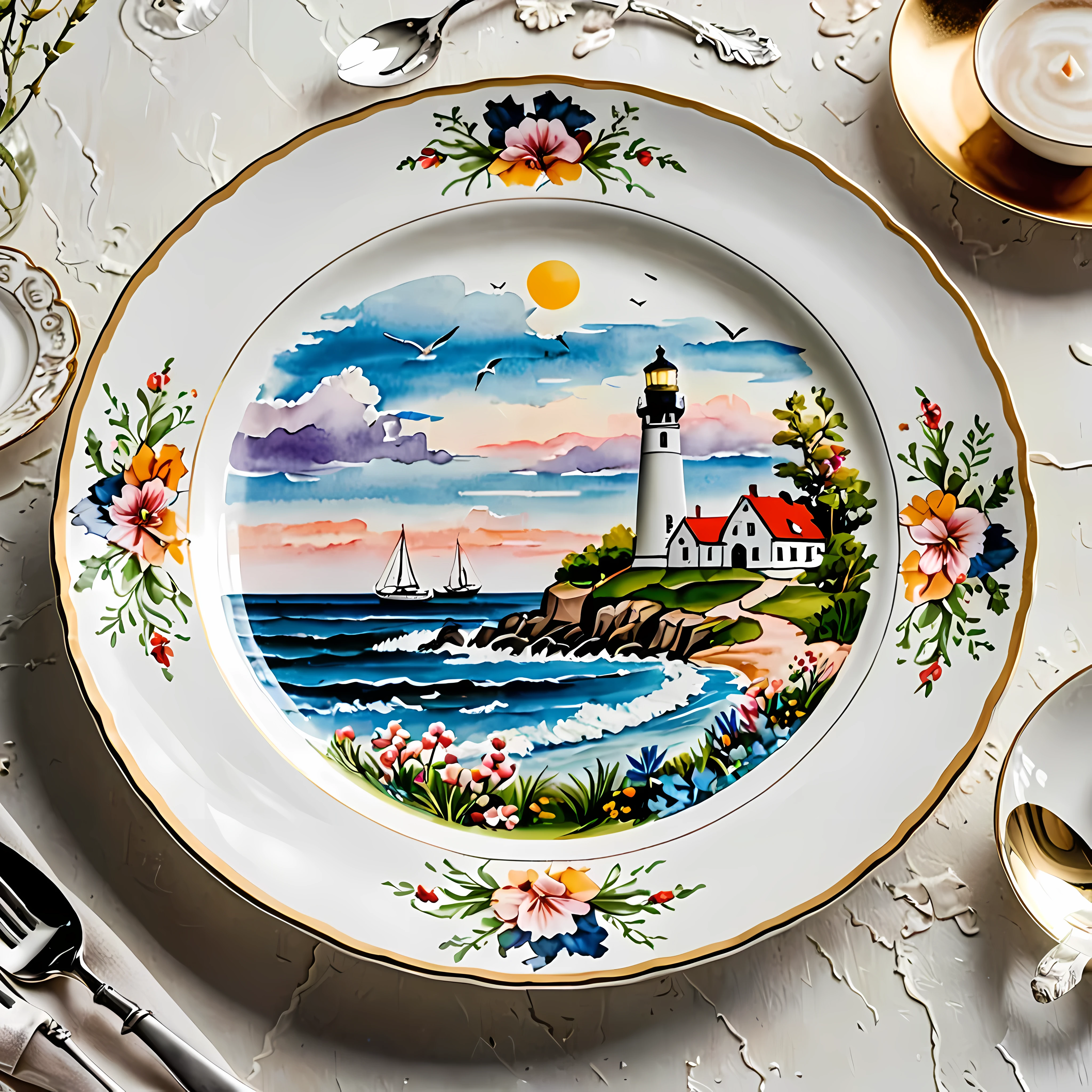 Masterpiece in maximum 16K resolution, superb quality, close up of an elegant plate with an image of a marine scene with a lighthouse, playful design with floral accents, the plate is made of finest porcelain and positioned on an empty white table with gothic patters, colorful. | ((More_Detail))