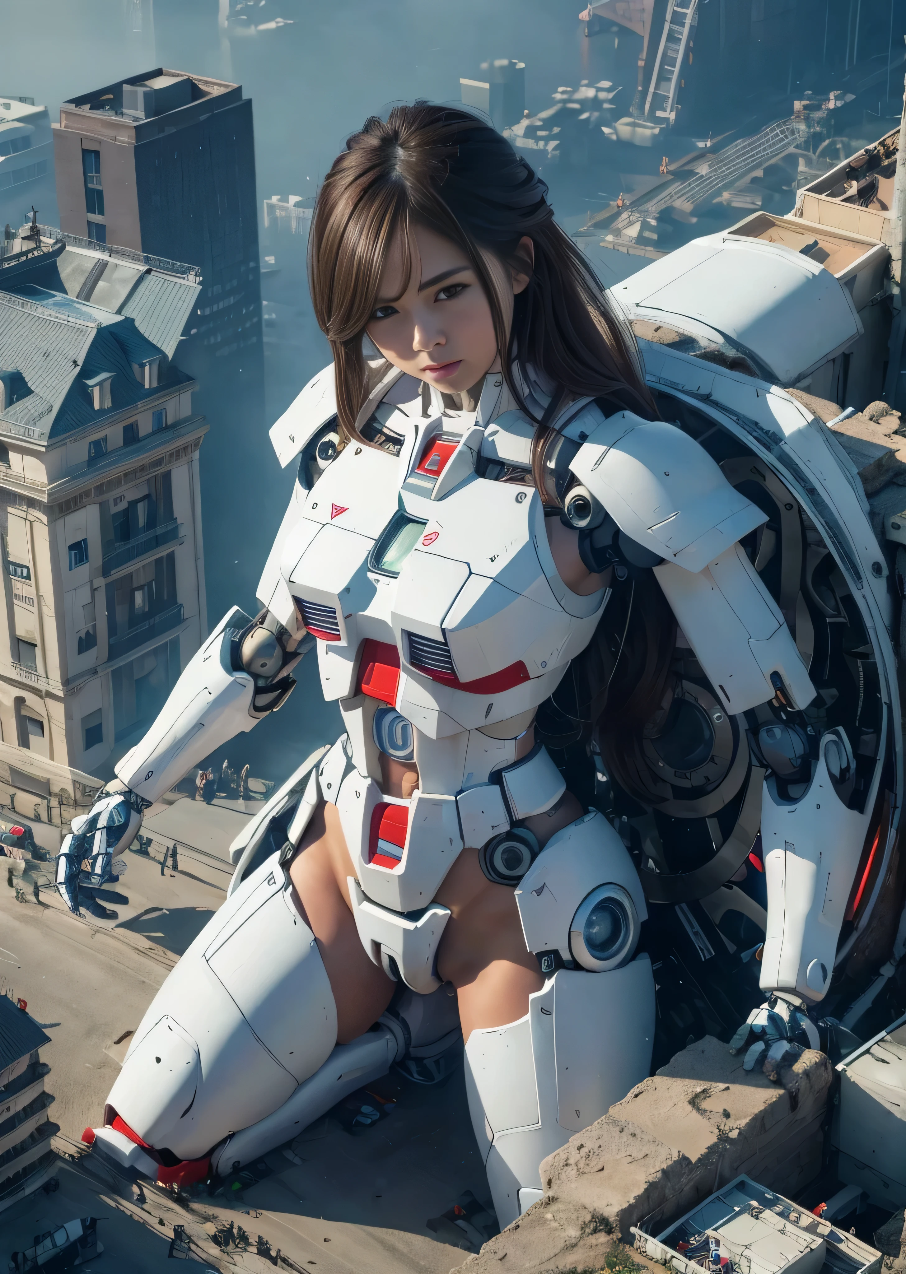 (((RAW image quality:1.4))), ((A giant mechanical woman much bigger than a skyscraper:1.4)), , beautiful顔, rough skin, Super detailed, advanced details, high quality, 最high quality, High resolution, 1080p, hard disk, beautiful,((White Gundam:1.4)),beautiful almost,He is wearing Gundam-like white parts.,mechanical joint, Machine arms and legs, Mechanical parts that protect the bust top, cleavage, mechanically protected groin, Excluding bust top and crotch, Raw skin is exposed., almost naked, perfect proportions, (Brown hair fluttering in the wind), beautiful青い目, full body shot, very small metropolis。Squat in a miniature metropolis just a few feet tall, stomping city,crash city,small town,micro city, small cars and trains, Configuration from above, deep blue sky, Metal pants that dig into the crotch,