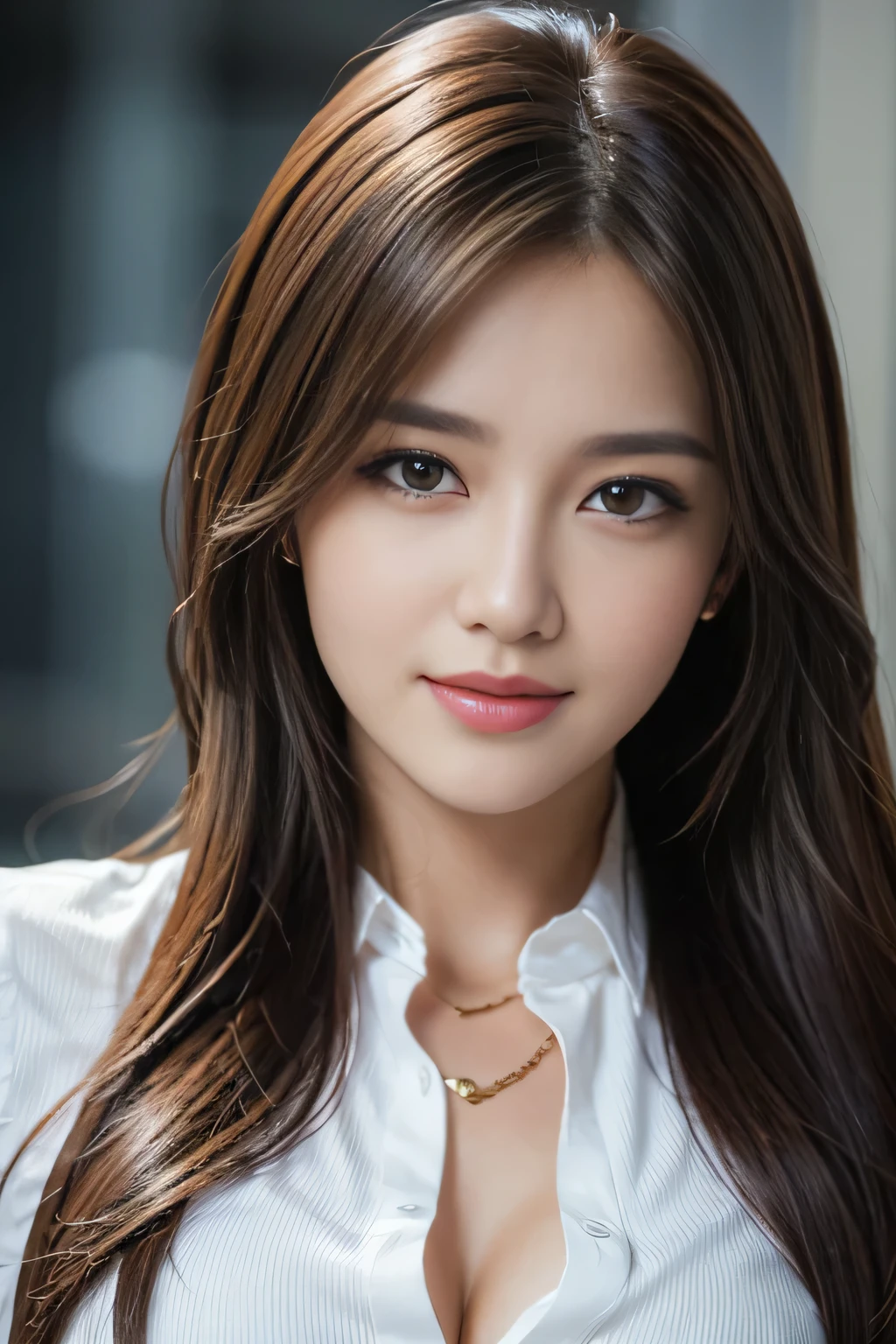 table top, highest quality, realistic, Super detailed, finely, High resolution, 8k wallpaper, 1 beautiful woman,, light brown messy hair, wearing a business suit, sharp focus, perfect dynamic composition, beautiful and detailed eyes, thin hair, Detailed realistic skin texture, smile, close-up portrait, model body shape