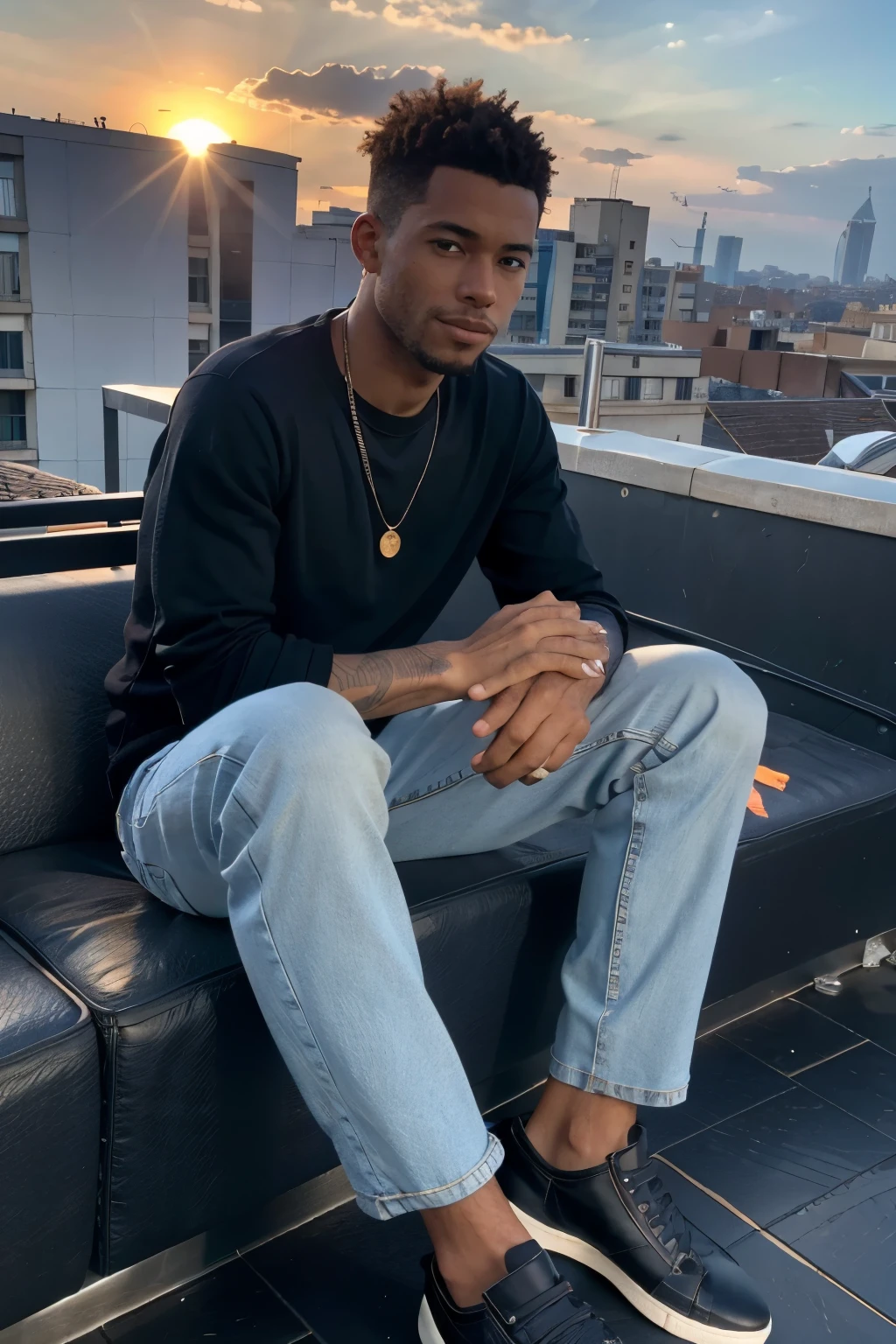 un homme portant une veste en jean et un jean noir , ASSIS DANS UNE CHAISE dans un rooftop vers le couché du soleil
