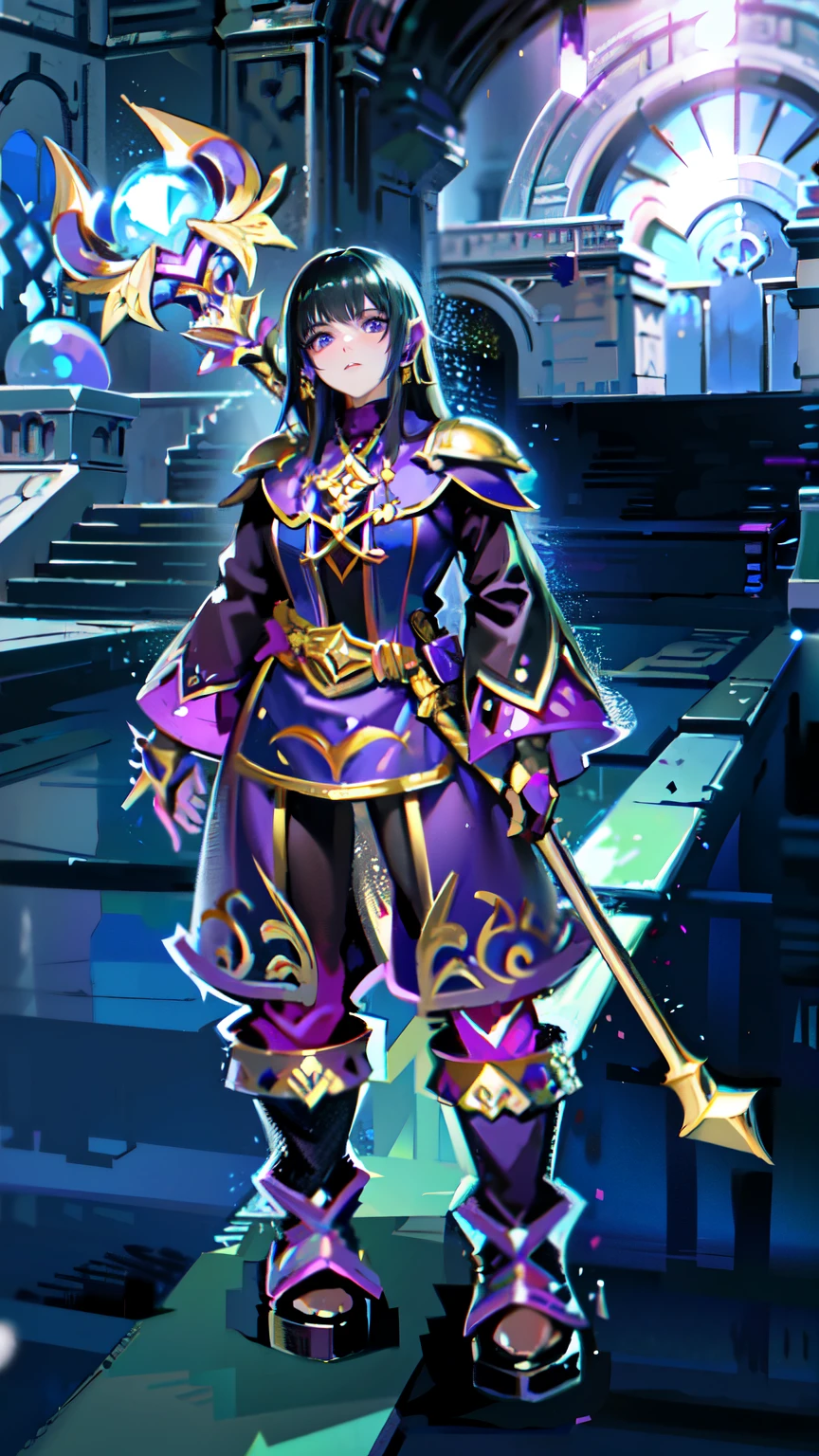 a close up of a person in a purple outfit holding a rod, dark purple robes, sleek purple armor, young shadow mage female, wearing dark purple armor, purple armor, fantasy outfit, ornate attire, cloud purple long haired mage robes, skinny purple long haired female mage, fantasy robe, full body purple cloak, female purple long haired mage, black and violet costume, dark purple robes, ffxi