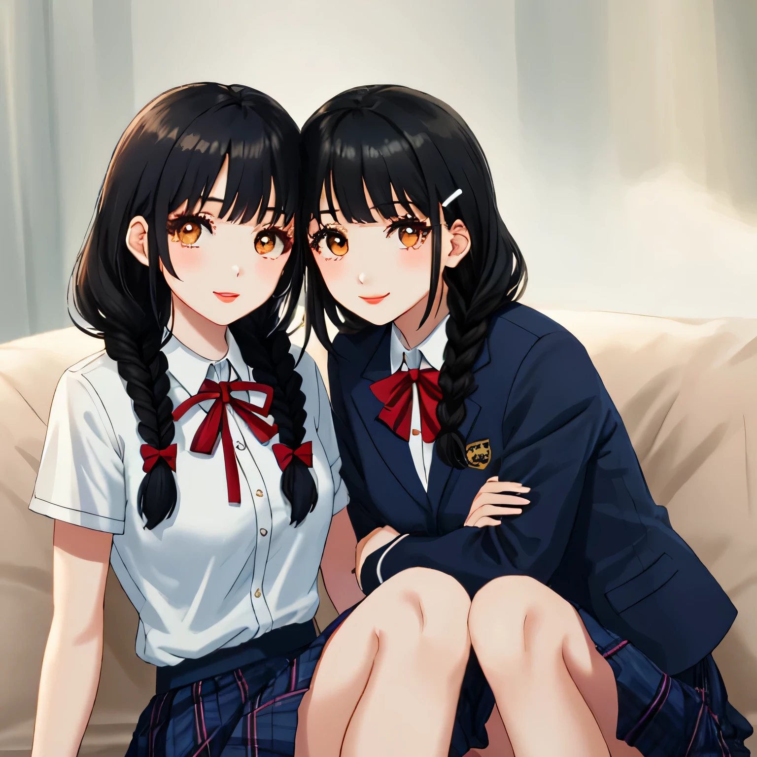 highest quality, (masterpiece:1.2), very detailed, Two girls are sitting around the viewer, Glossy lips that make you want to kiss, nice smile, brown eyes, (((black hair))), 15 years old, long braids, big shiny hair clip, school uniform, Dark blue and navy plaid skirt, middle long skirt, white shirt, A luxurious navy blazer with a golden emblem on the left chest, big red ribbon on the chest, lipstick、very shiny hair、laughter、bright look、The light makes my face and hair shine, The corners of the eyes are drooping, cute braids, I&#39;m so happy I can jump up, The expression of a maiden in love, (((twin braid hair))), The skirt fabric has a beautiful deep blue checkered pattern., A shy expression staring at the viewer, double eyelid, ((long eyelashes)), ((the knees are hidden by the skirt)), A shy and timid girl