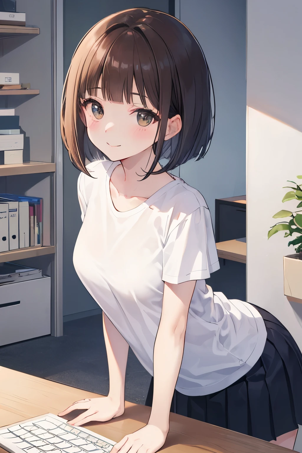 frame in, from right in front of face and body, view straight on, upper body, High quality, very high res, High quality, cute girl, brown hair, forehead, blunt bangs, bob cut, blush, Brushed up bangs, (white wearing a plain t-shirt), small breasts, upright, pleated skirt, work desk, sitting in a work chair, (pov hands), (guided breast grab), guiding hand, at office