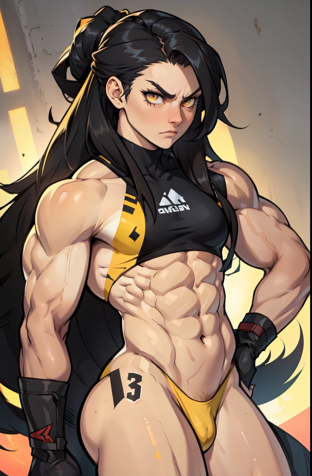 (((((1 girl))))) angry very long hair pale skin black hair yellow eye ((((muscular toned body)))) solo