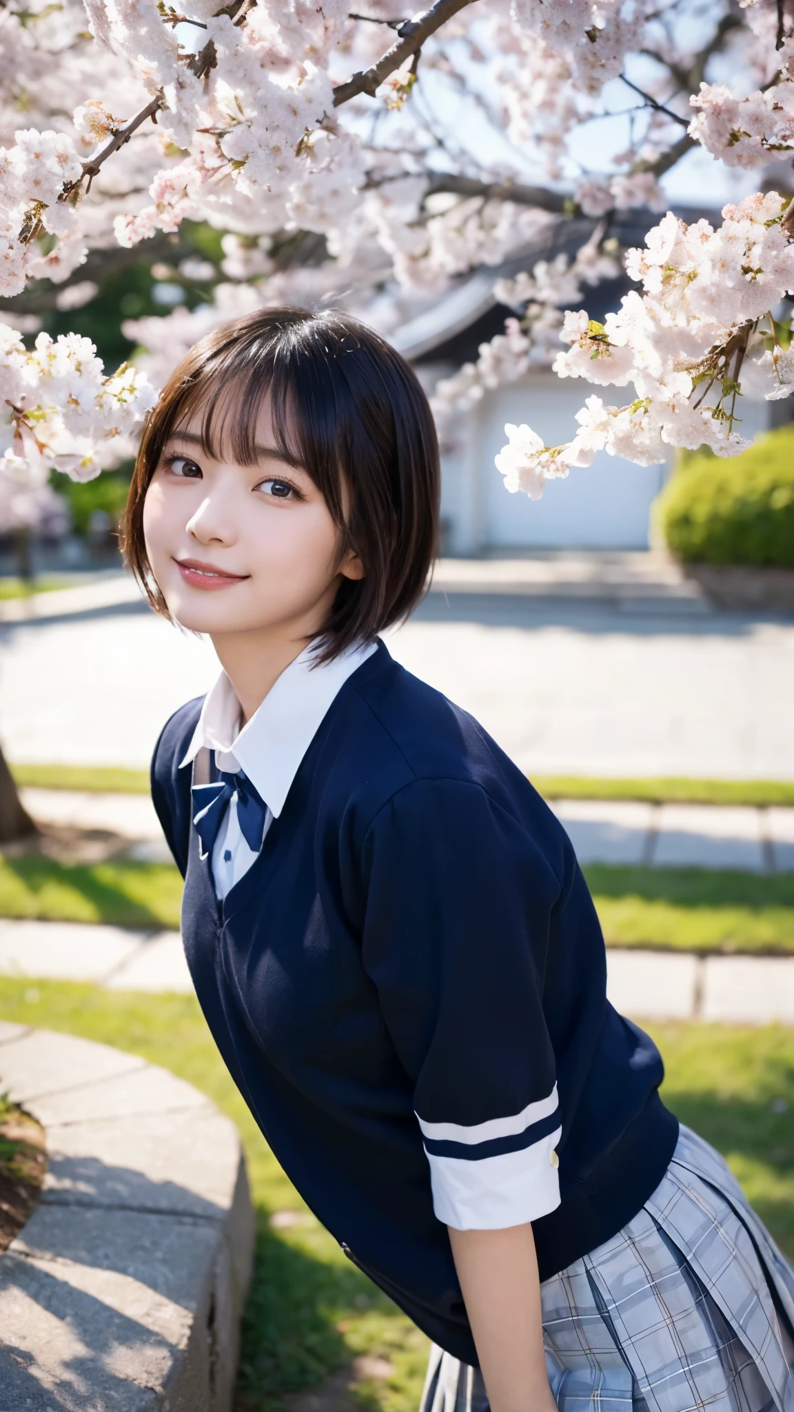 (highest quality,masterpiece:1.3,ultra high resolution),(Super detailed,caustics,8k),(photorealistic:1.4,RAW shooting),1 girl,sit,(smile),(looking down at the camera),18-year-old,cute,Japanese,black hair short cut,(school uniform),glamorous,(big ),(face focus),grass,cherry blossoms,(cherry blossoms吹雪),blue sky,sun,Natural light,(Lens flare),professional writing,(cowboy shot),(Tilt composition:1.3),(low position:1.4),(Low - Angle:1.4)