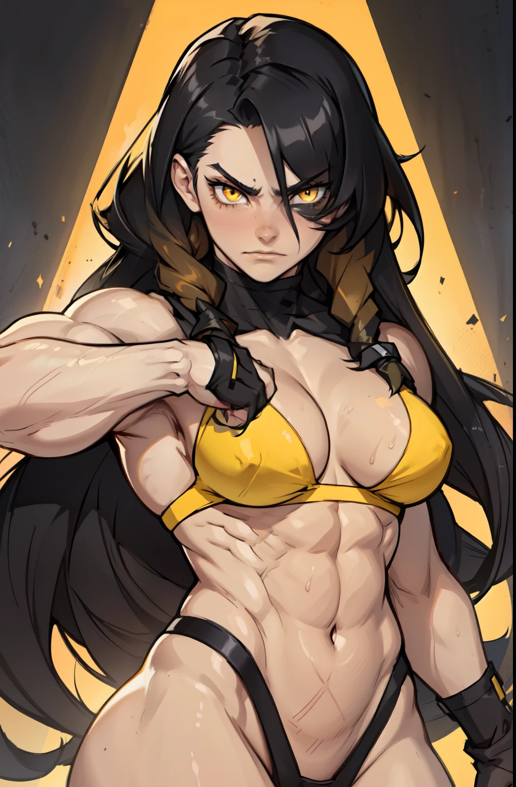 (((((1 girl, female))))) angry very long hair pale skin black hair yellow eye ((((muscular toned body)))) solo