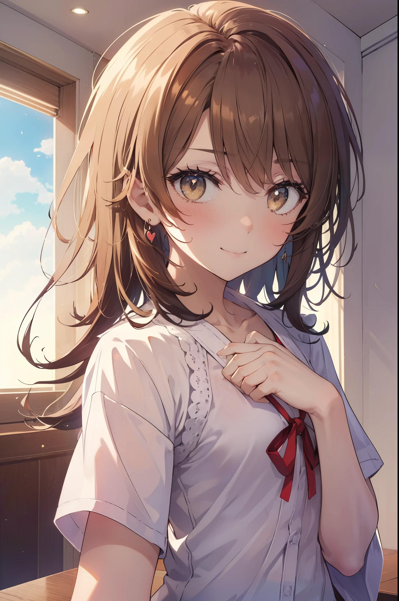 irohaisshiki, iroha isshiki, long hair, light brown hair, (brown eyes:1.5), smile,looking at the viewer, heart-shaped eyes, blush,show viewer, from below, concentrated, Beyond the particles of light, ラブホテルのBedroom, white t-shirt,black string underwear,Medium chest,sitting on the bed,morning日,morning,sunrise,
break indoors, Bedroom,
break looking at viewer,
break (masterpiece:1.2), highest quality, High resolution, unity 8k wallpaper, (figure:0.8), (detailed and beautiful eyes:1.6), highly detailed face, perfect lighting, Very detailed CG, (perfect hands, perfect anatomy),