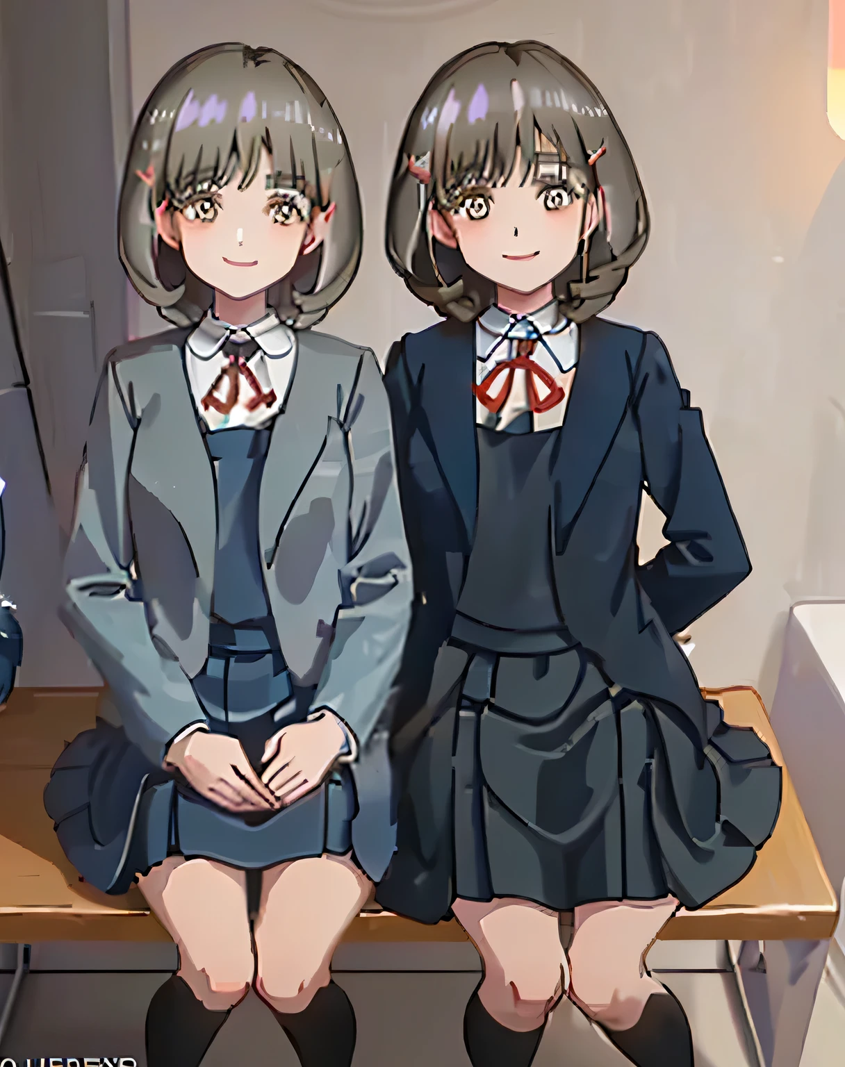 (Best quality), (Masterpiece), finely detailed, A high resolution, brown loafers, Sitting, view the viewer, Smile, a red bowtie, Two girls are sitting around the viewer, Glossy lips that make you want to kiss, nice smile, brown eyes, (((black hair))), 15 years old, long braids, big shiny hair clip, school uniform, Dark blue and navy plaid skirt, middle long skirt, white shirt, A luxurious navy blazer with a golden emblem on the left chest, big red ribbon on the chest, lipstick、very shiny hair、laughter、bright look、The light makes my face and hair shine, The corners of the eyes are drooping, cute braids, I'm so happy I can jump up, The expression of a maiden in love, (((twin braid hair))), The skirt fabric has a beautiful deep blue checkered pattern., A shy expression staring at the viewer, double eyelid, ((long eyelashes)), ((the knees are hidden by the skirt)), A shy and timid girl