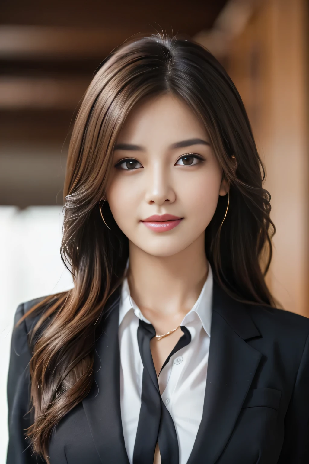 table top, highest quality, realistic, Super detailed, finely, High resolution, 8k wallpaper, 1 beautiful woman,, light brown messy hair, wearing a business suit, sharp focus, perfect dynamic composition, beautiful and detailed eyes, thin hair, Detailed realistic skin texture, smile, close-up portrait, model body shape