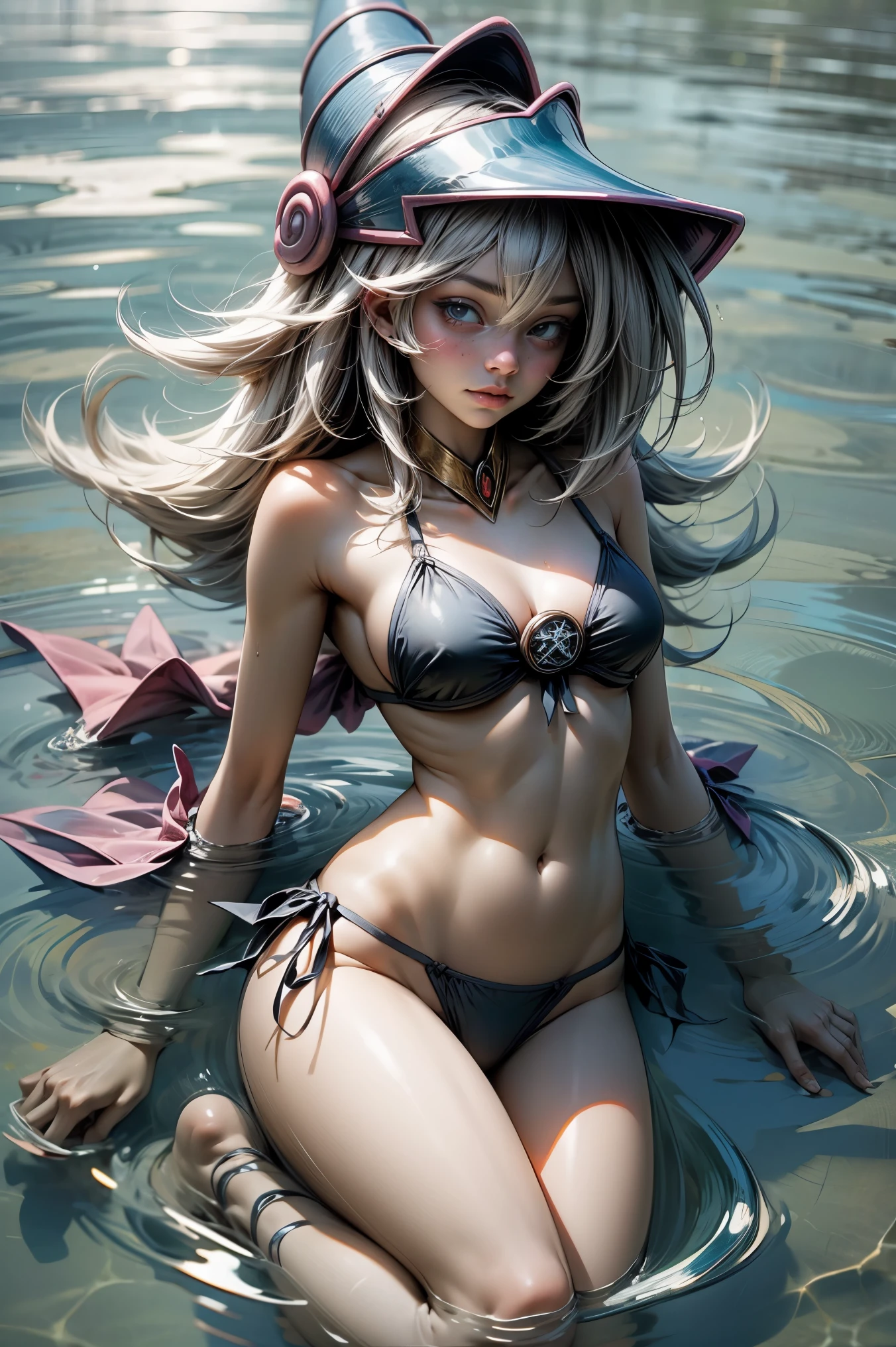 Hermosa dark magician gils en bikini. She is in the middle of the sea swimming. Cabello rubio. Ojos azules. Labios rojos. Bikini. Cuerpo mujado. Pose sensual y juguetona. Tiene el cuerpo lleno de agua. It's wet. She's swimming in the sea