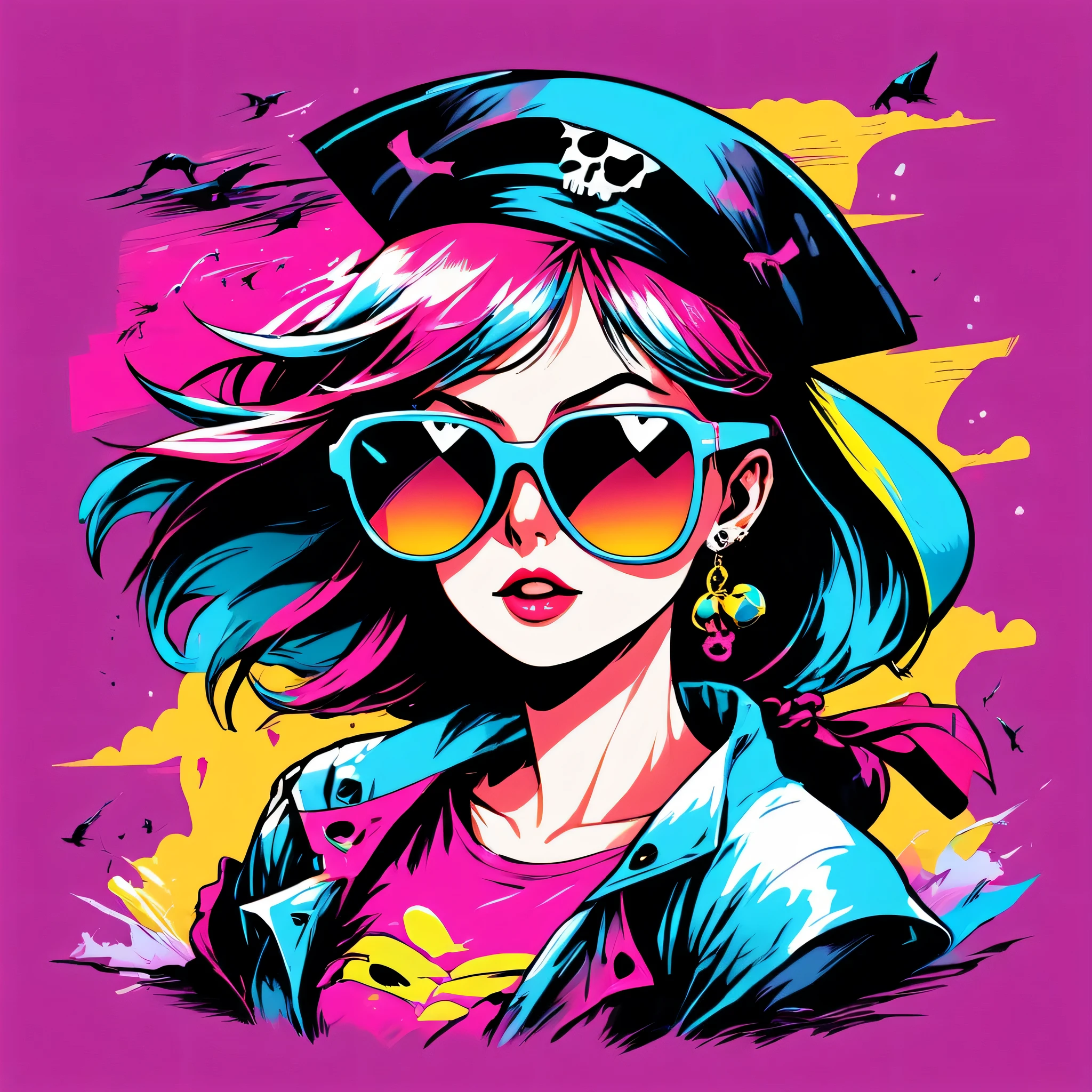 Illustration T-shirt, 1 female、alone、(((The strongest pirate girl in history)))、((incredibly absurd))、 (((The most beautiful pirate girl of all time))), (((Stylish sunglasses))), lips in love, white skin, pirate bandana, skull fashion,neon、short cut hair、small breasts、 Tropical Color Palette, fabric texture, thick line drawing, dynamic perspective , t-shirt design,T-shirt design AF,
